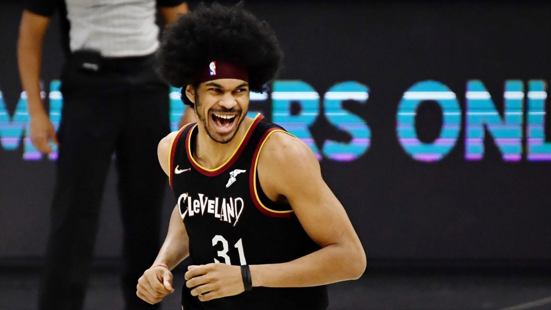 Jan 22, 2021; Cleveland, Ohio, USA; Cleveland Cavaliers center Jarrett Allen (31) reacts after a dunk during the third quarter against the Brooklyn Nets at Rocket Mortgage FieldHouse. / Ken Blaze-USA TODAY Sports