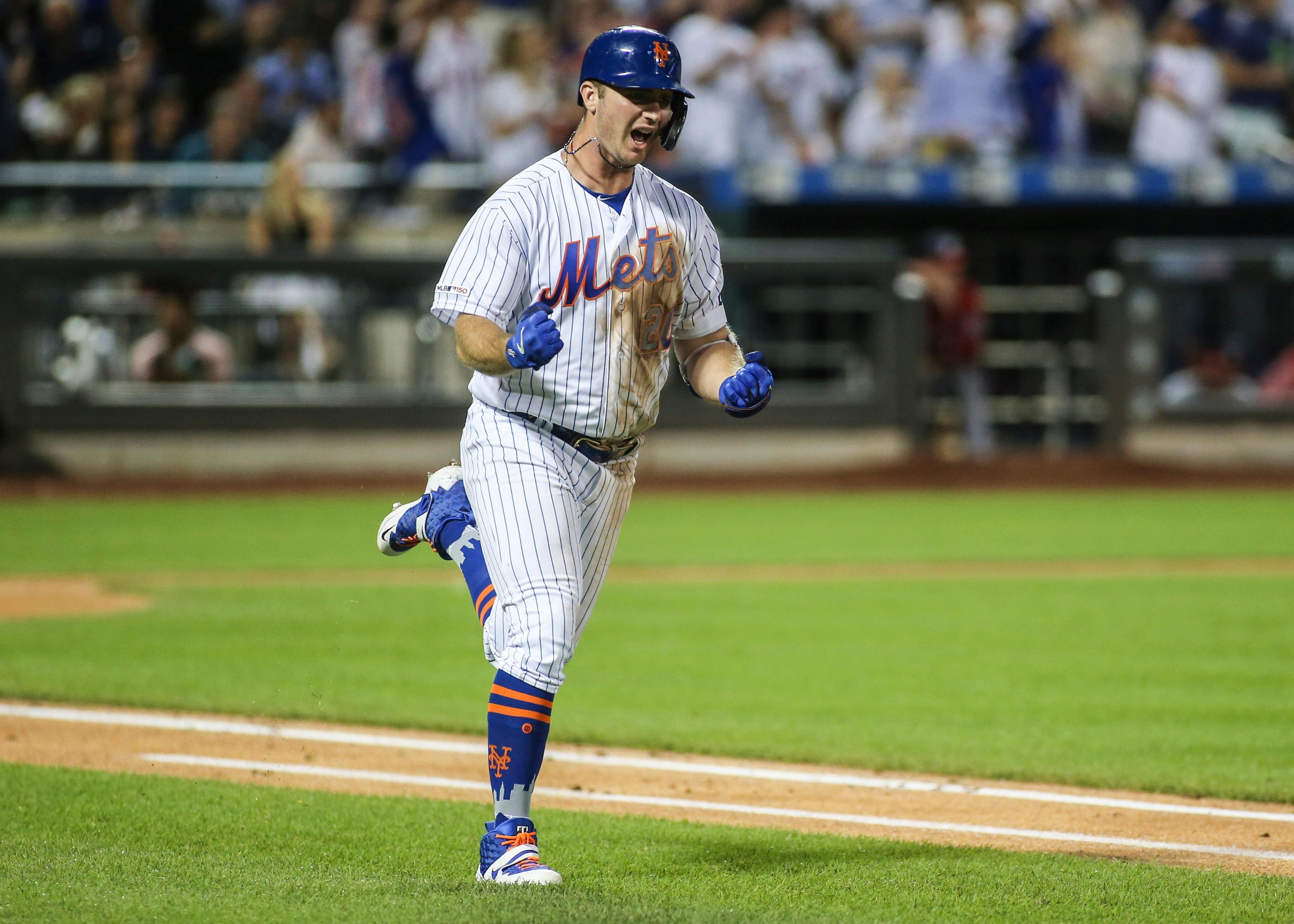 Aug 9, 2019; New York City, NY, USA; New York Mets first baseman Pete Alonso (20) reacts after hitting a two run home run in the fourth inning against the Washington Nationals at Citi Field. Mandatory Credit: Wendell Cruz-USA TODAY Sports / Wendell Cruz