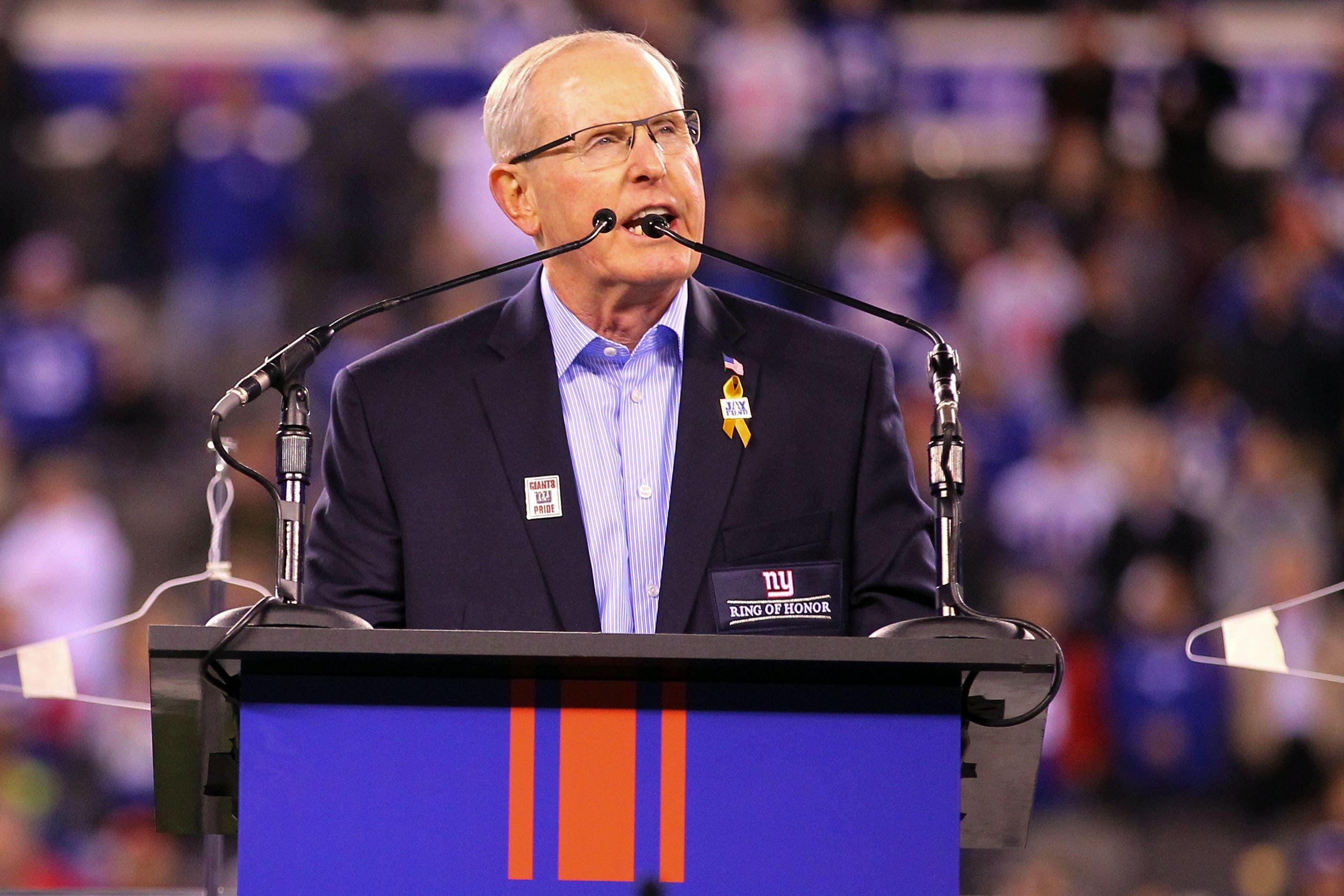 Nov 14, 2016; East Rutherford, NJ, USA; Former New York Giants head coach Tom Coughlin speaks during his New York Giants Ring of Honor induction ceremony during the first half at MetLife Stadium. Mandatory Credit: Ed Mulholland-USA TODAY Sports / Ed Mulholland