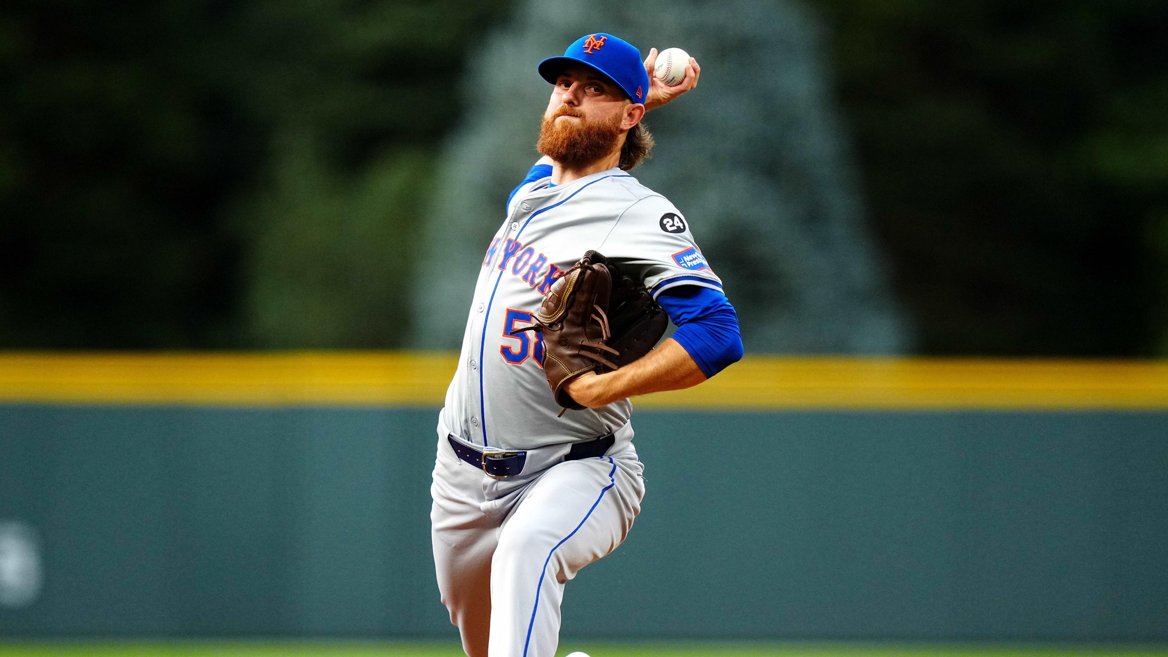 New York Mets starting pitcher Paul Blackburn (58) delivers a pitch in the first inning against the Colorado Rockies at Coors Field