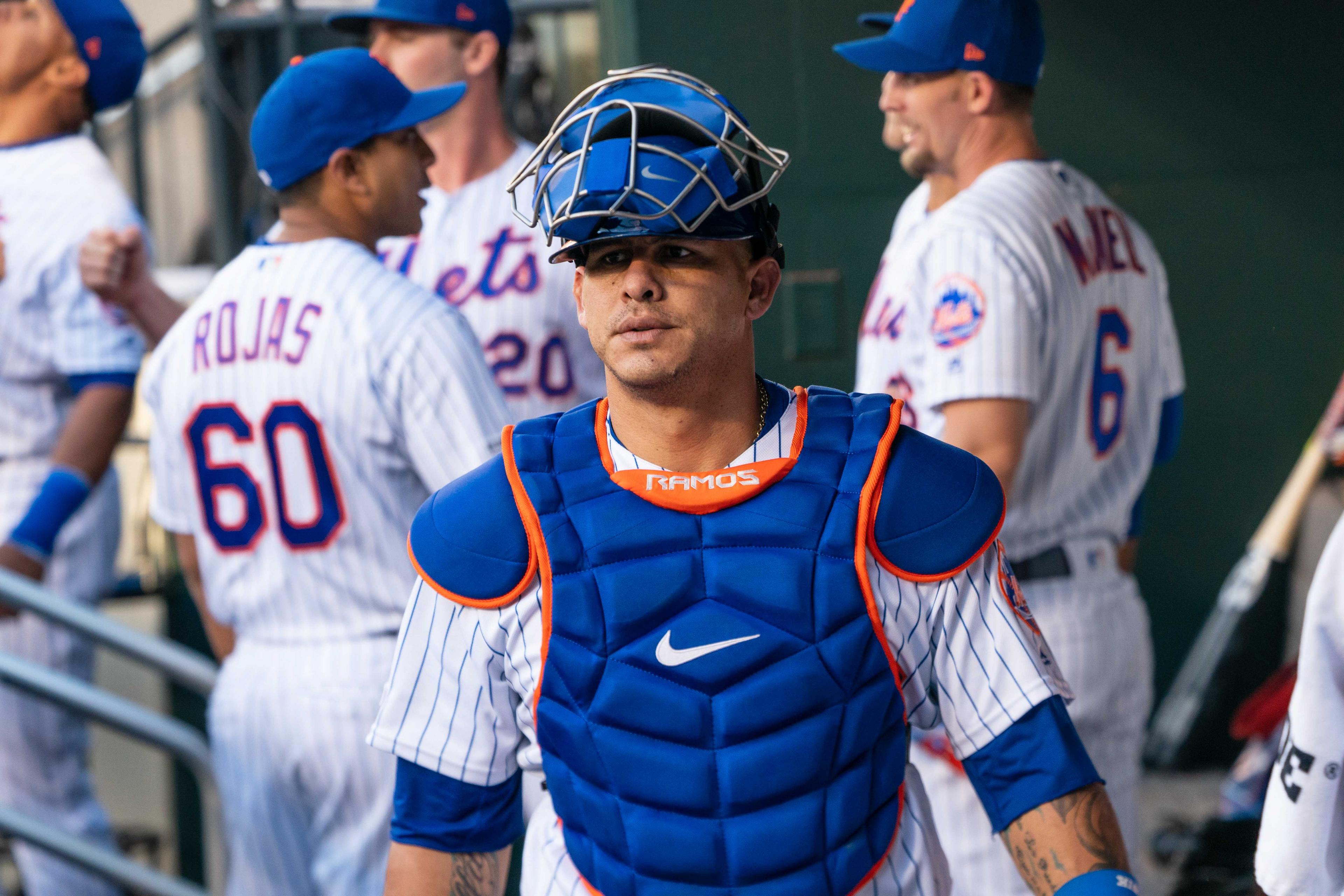 Jun 8, 2019; New York City, NY, USA; New York Mets catcher Wilson Ramos (40) in the dugout prior to the game against the Colorado Rockies at Citi Field. Mandatory Credit: Gregory J. Fisher-USA TODAY Sports / Gregory Fisher