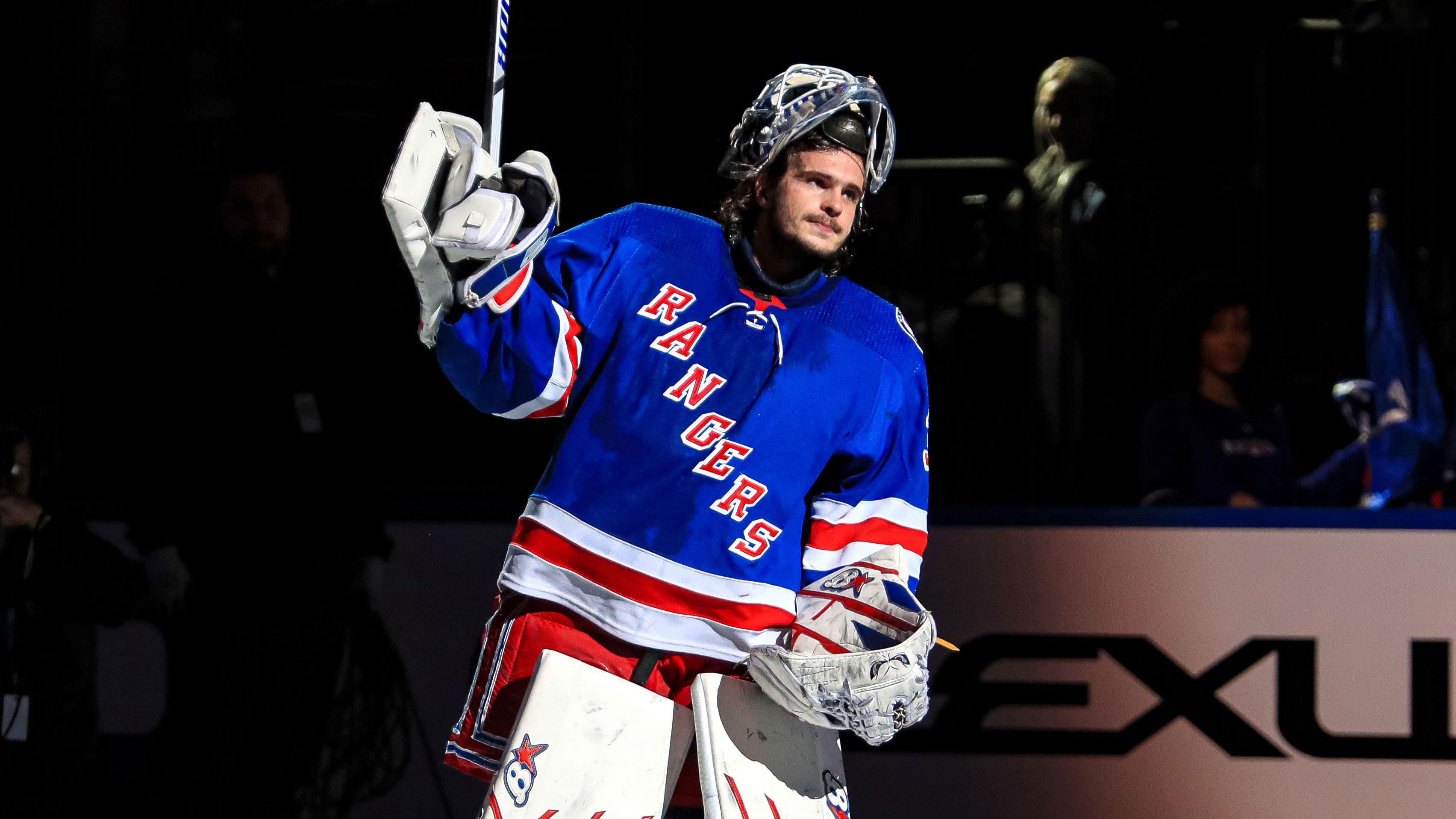 Mar 4, 2022; New York, New York, USA; New York Rangers goaltender Igor Shesterkin (31) is recognized by fans after a 3-1 win against the New Jersey Devils at Madison Square Garden. / Danny Wild-USA TODAY Sports