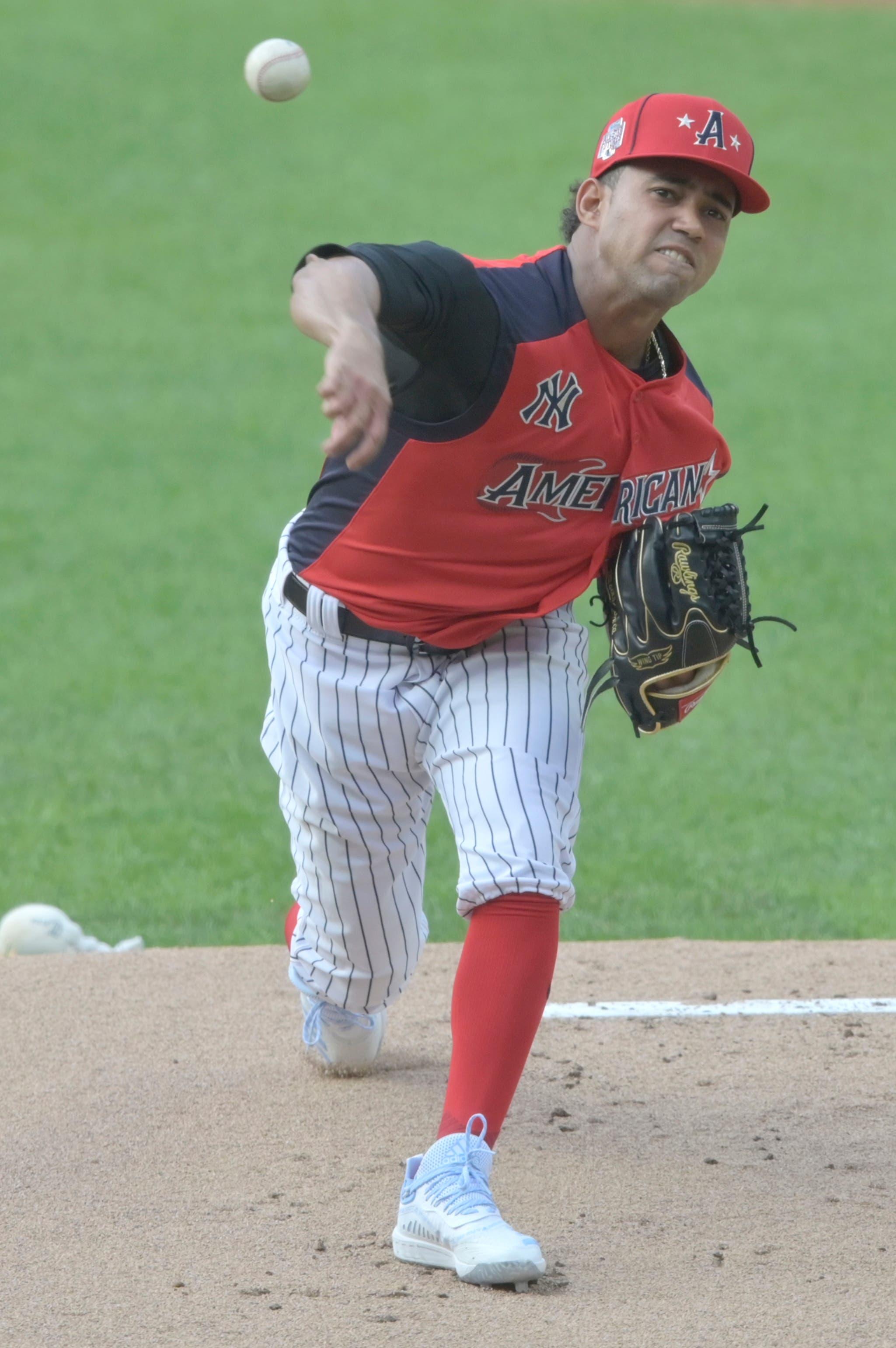 Jul 7, 2019; Cleveland, OH, USA; American League starting pitcher Deivi Garcia delivers in the first inning in the 2019 MLB All Star Futures Game at Progressive Field. Mandatory Credit: David Richard-USA TODAY Sports / David Richard