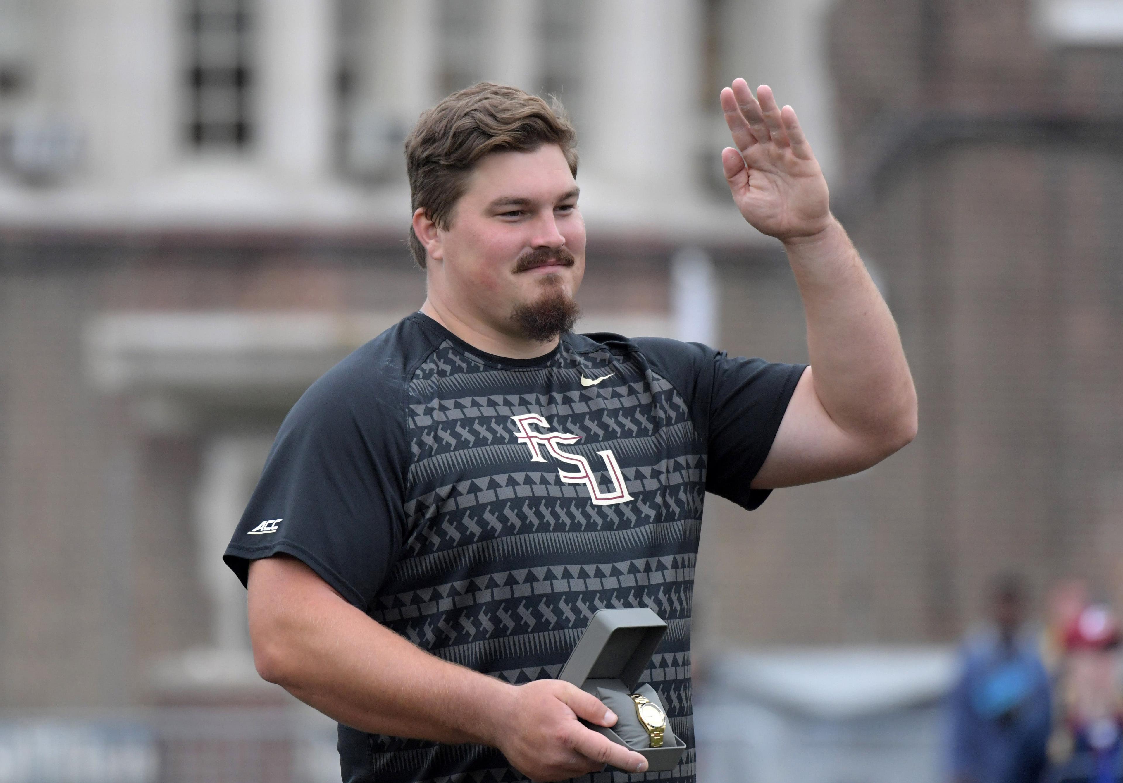 Apr 27, 2018; Philadelphia, PA, USA; Austin Droogsma of Florida State poses after winning the shot put during the 124th Penn Relays at Franklin Field. Mandatory Credit: Kirby Lee-USA TODAY Sports / Kirby Lee