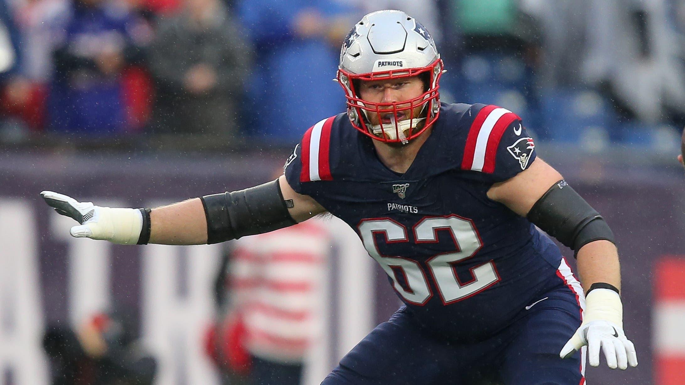 Oct 27, 2019; Foxborough, MA, USA; New England Patriots offensive lineman Joe Thuney (62) during the first quarter against the Cleveland Browns at Gillette Stadium. Mandatory Credit: Stew Milne-USA TODAY Sports / Stew Milne