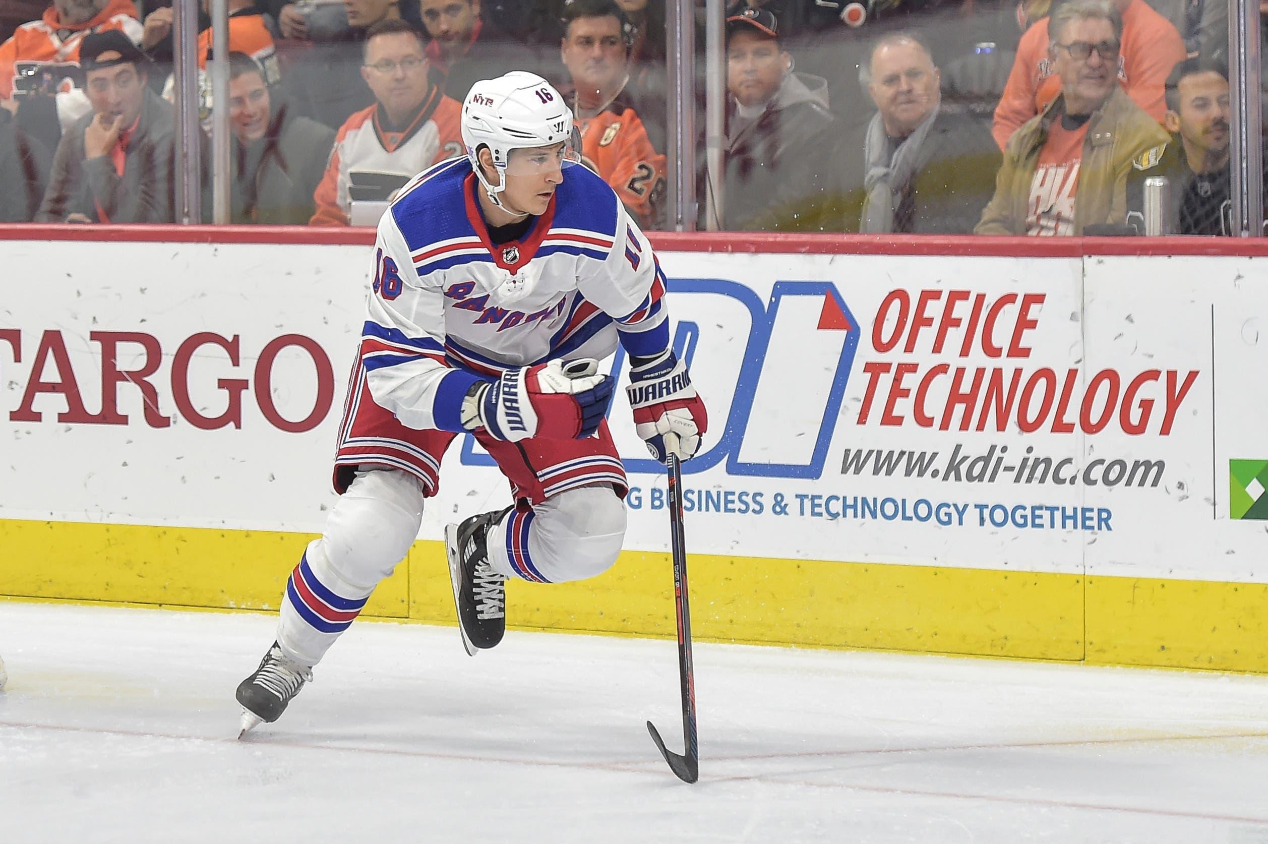 New York Rangers center Ryan Strome heads into the corner after the puck during the first period against the Philadelphia Flyers at Wells Fargo Center. / John Geliebter/USA TODAY Sports