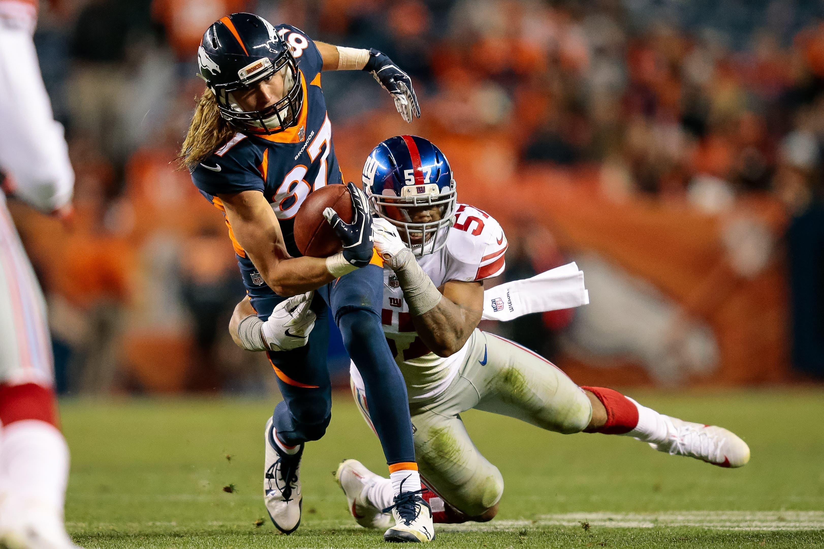 New York Giants linebacker Keenan Robinson tackles Denver Broncos wide receiver Jordan Taylor in the fourth quarter at Sports Authority Field at Mile High. / Isaiah J. Downing/USA TODAY Sports