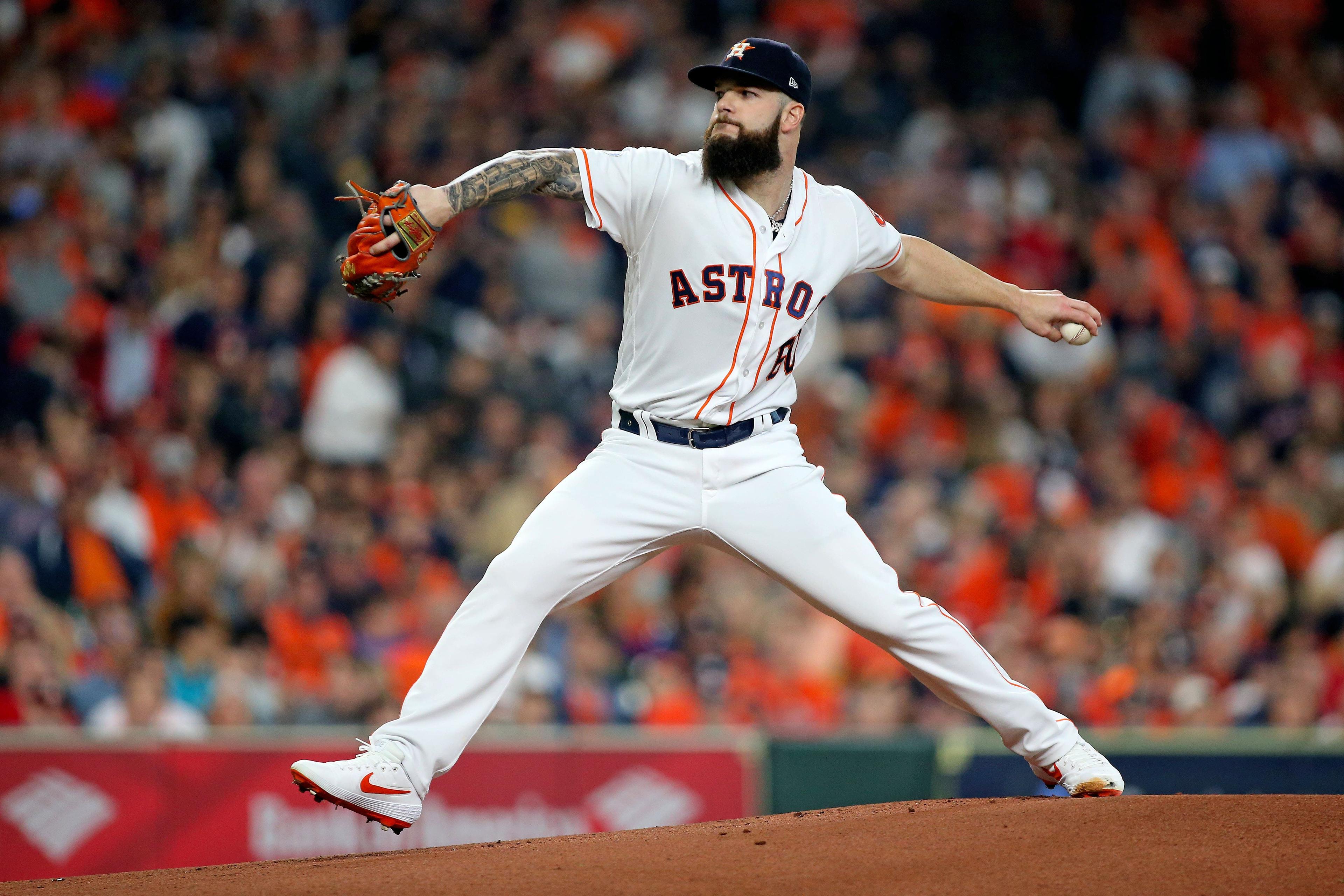 Oct 16, 2018; Houston, TX, USA; Houston Astros starting pitcher Dallas Keuchel (60) delivers a pitch in the first inning against the Boston Red Sox in game three of the 2018 ALCS playoff baseball series at Minute Maid Park. Mandatory Credit: Troy Taormina-USA TODAY Sports / Troy Taormina