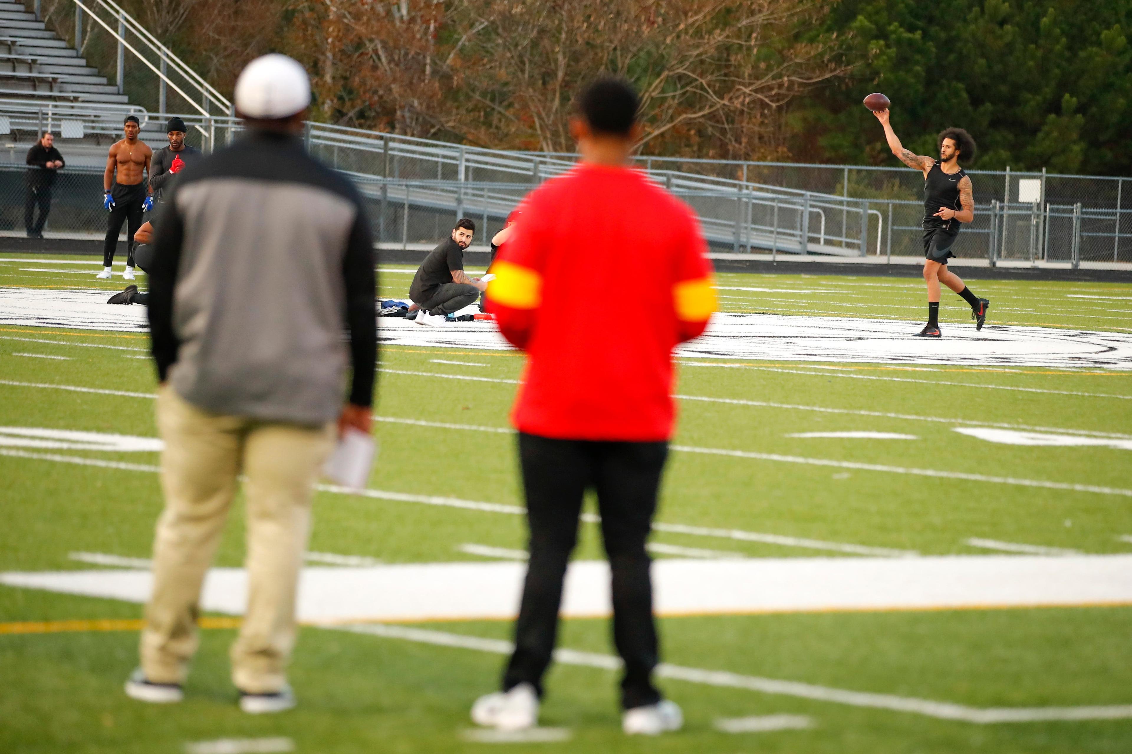 Free agent Colin Kaepernick participates in a workout for NFL football scouts from the New York Jets and the Kansas City Chiefs Saturday, Nov. 16, 2019, in Riverdale, Ga.. (AP Photo/Todd Kirkland) / Todd Kirkland/AP