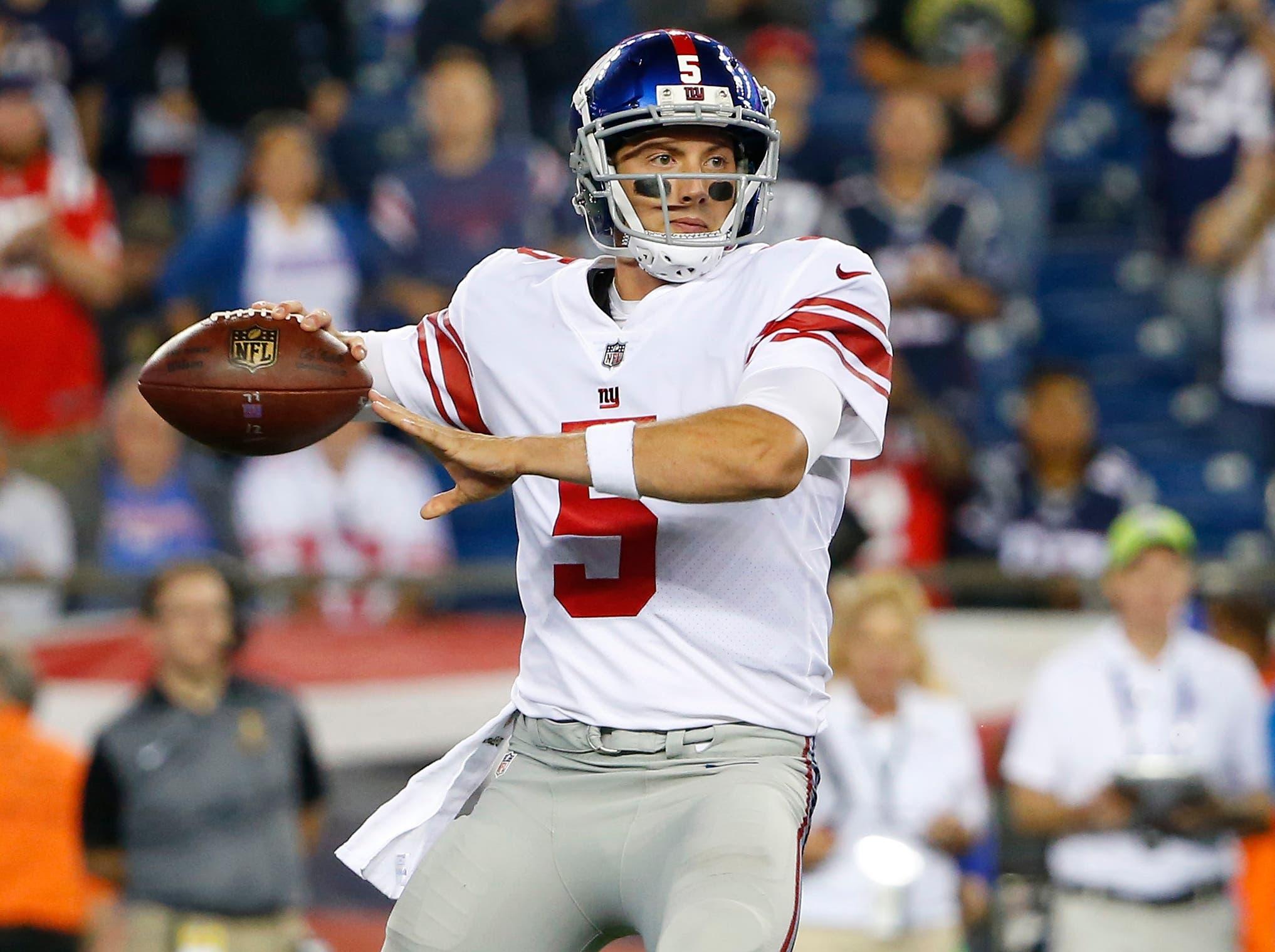 New York Giants quarterback Davis Webb during the second half of an NFL preseason football game against the New England Patriots, Thursday, Aug. 31, 2017, in Foxborough, Mass. (AP Photo/Winslow Townson) / Winslow Townson/AP