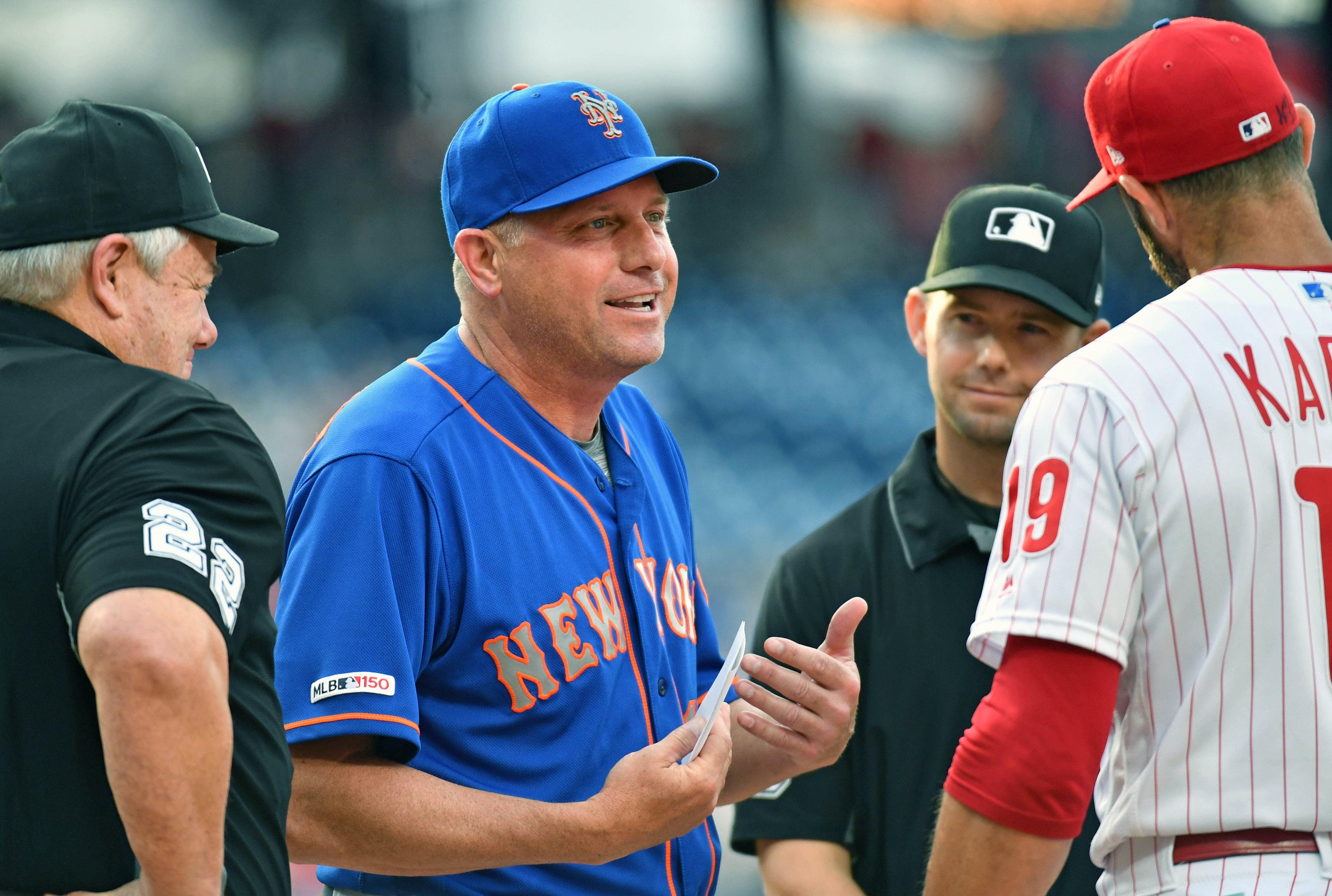 Jun 25, 2019; Philadelphia, PA, USA; New York Mets third base coach Gary Disarcina (10) exchanges lineups with Philadelphia Phillies manager Gabe Kapler (19) at Citizens Bank Park. Mandatory Credit: Eric Hartline-USA TODAY Sports / Eric Hartline