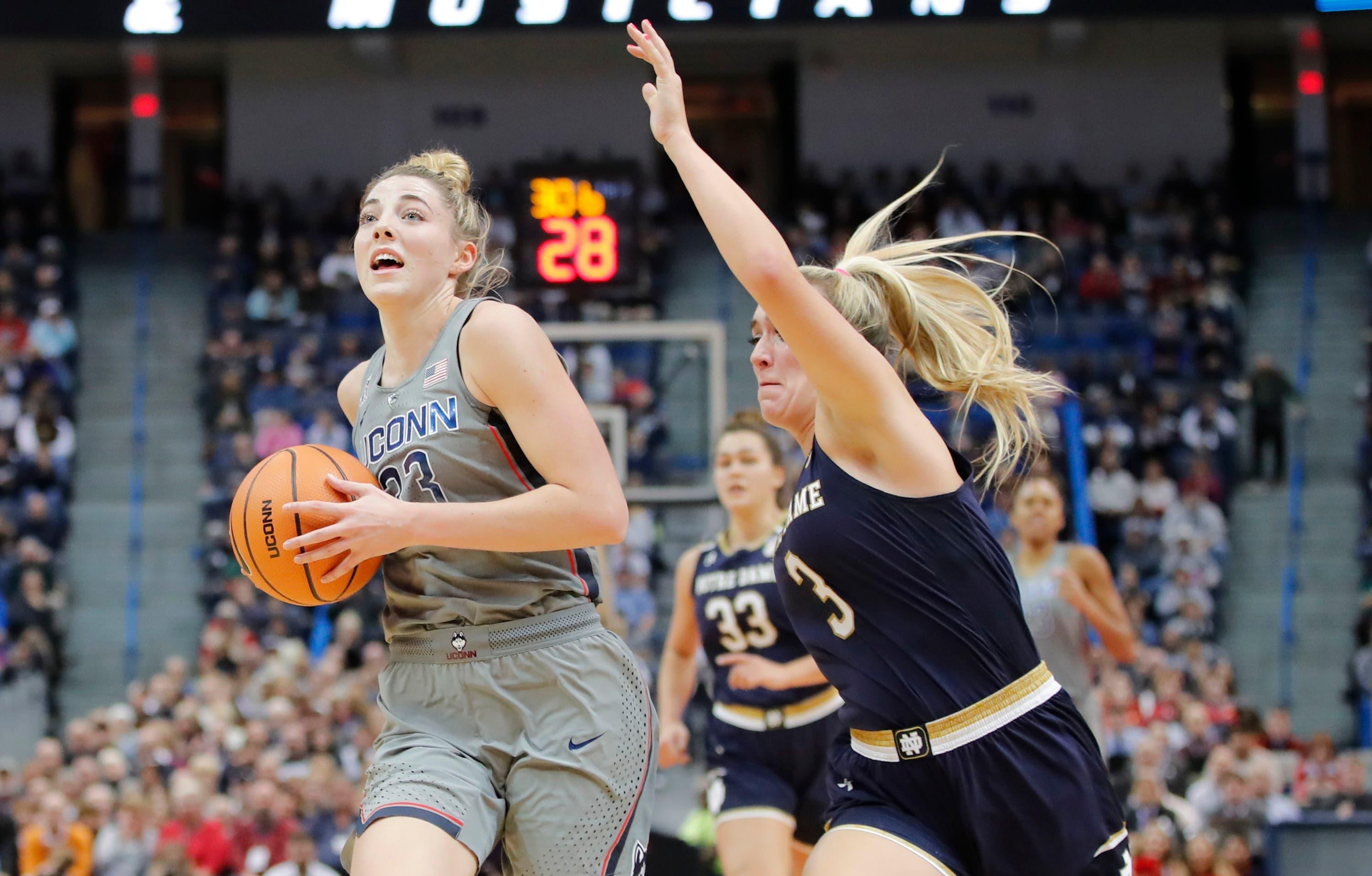 Connecticut Huskies guard/forward Katie Lou Samuelson drives the ball against Notre Dame Fighting Irish guard Marina Mabrey in the first half at XL Center. / David Butler II/USA TODAY Sports