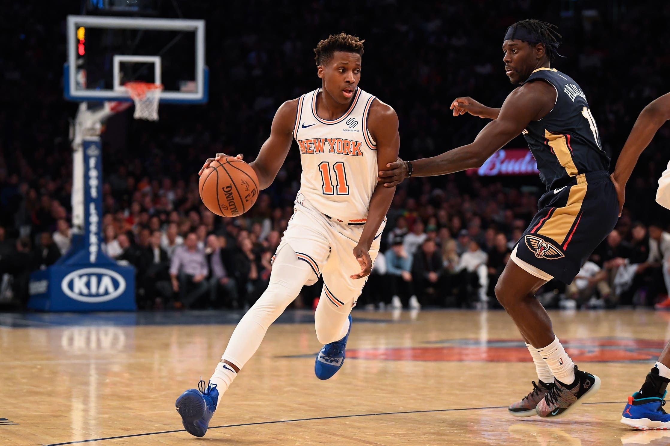 Nov 23, 2018; New York, NY, USA; New York Knicks guard Frank Ntilikina (11) drives the ball past the New Orleans Pelicans in the fourth quarter at Madison Square Garden. Mandatory Credit: Catalina Fragoso-USA TODAY Sports / Catalina Fragoso