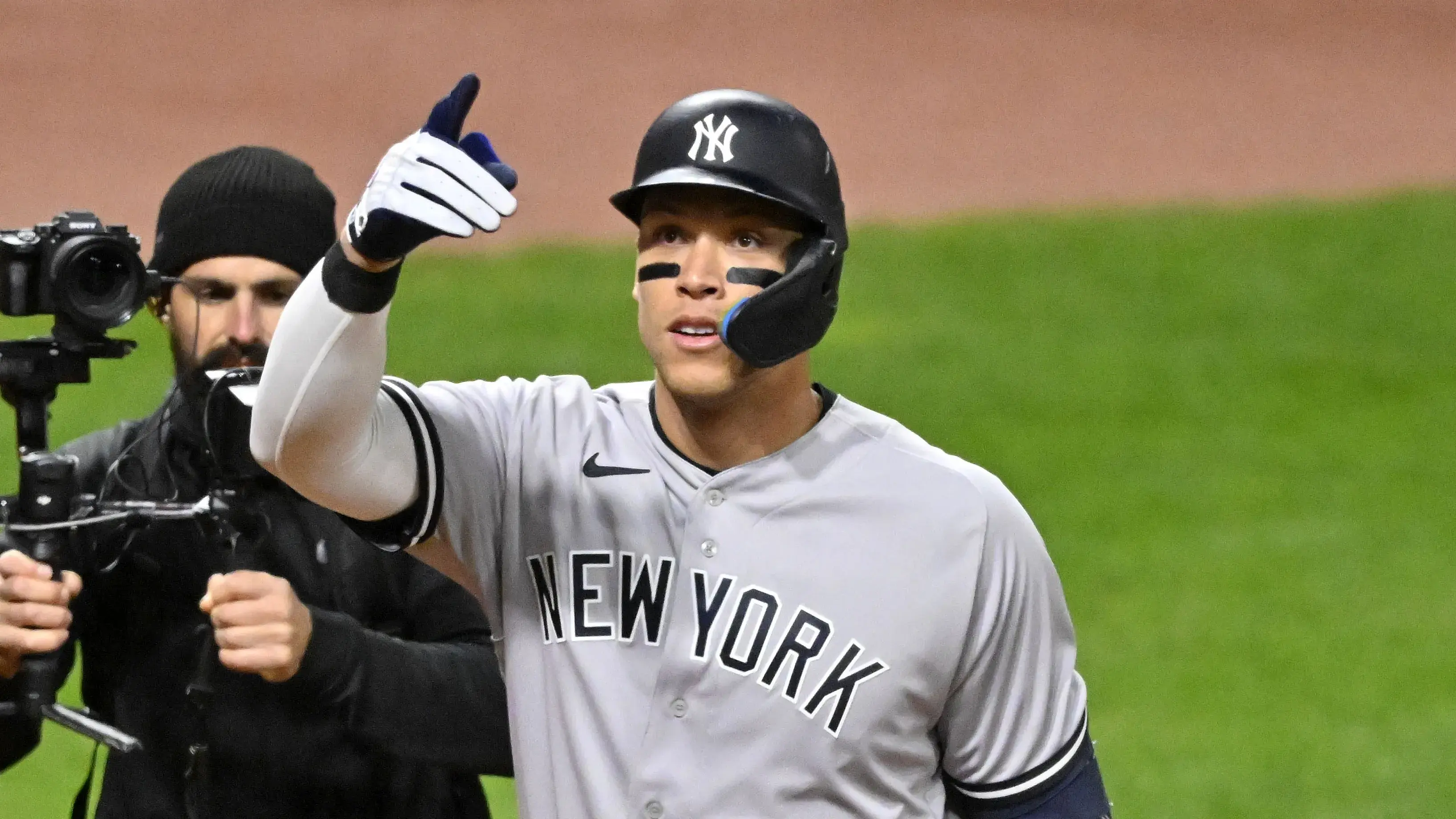 Oct 15, 2022; Cleveland, Ohio, USA; New York Yankees center fielder Aaron Judge (99) reacts after hitting a two run home run against the Cleveland Guardians in the third inning during game three of the NLDS for the 2022 MLB Playoffs at Progressive Field. Mandatory Credit: David Richard-USA TODAY Sports / © David Richard-USA TODAY Sports