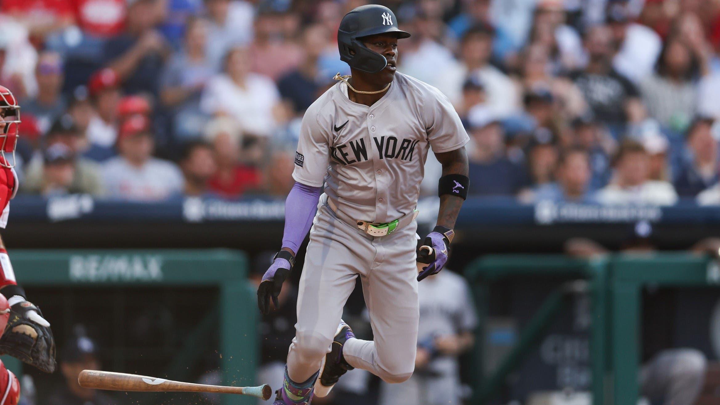 Jul 30, 2024; Philadelphia, Pennsylvania, USA; New York Yankees third base Jazz Chisholm Jr. (13) hits an RBI fielders choice during the first inning against the Philadelphia Phillies at Citizens Bank Park. / Bill Streicher-USA TODAY Sports