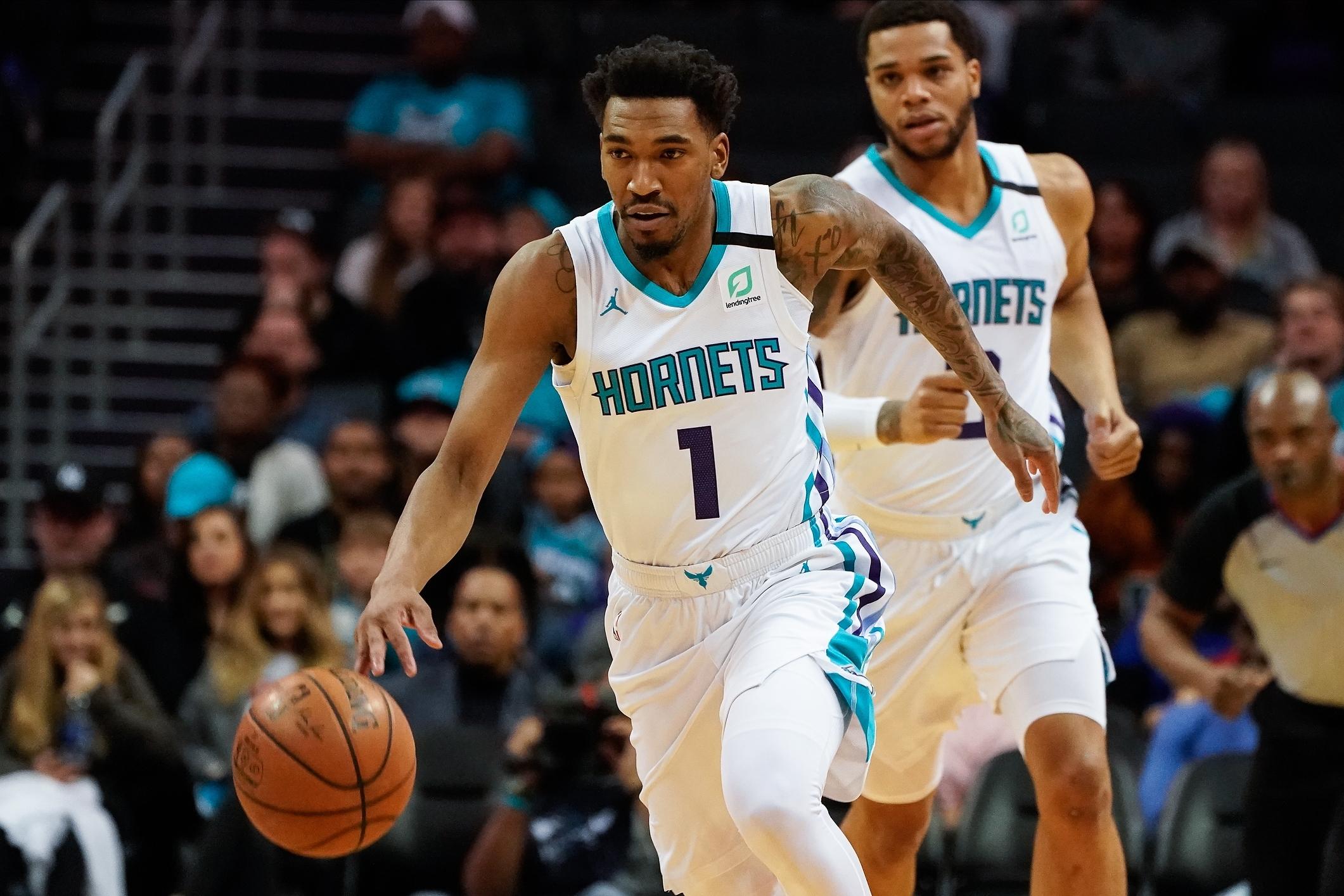 Jan 20, 2020; Charlotte, North Carolina, USA; Charlotte Hornets guard Malik Monk (1) handles the ball during the second half against the Orlando Magic at Spectrum Center. Mandatory Credit: Jim Dedmon-USA TODAY Sports