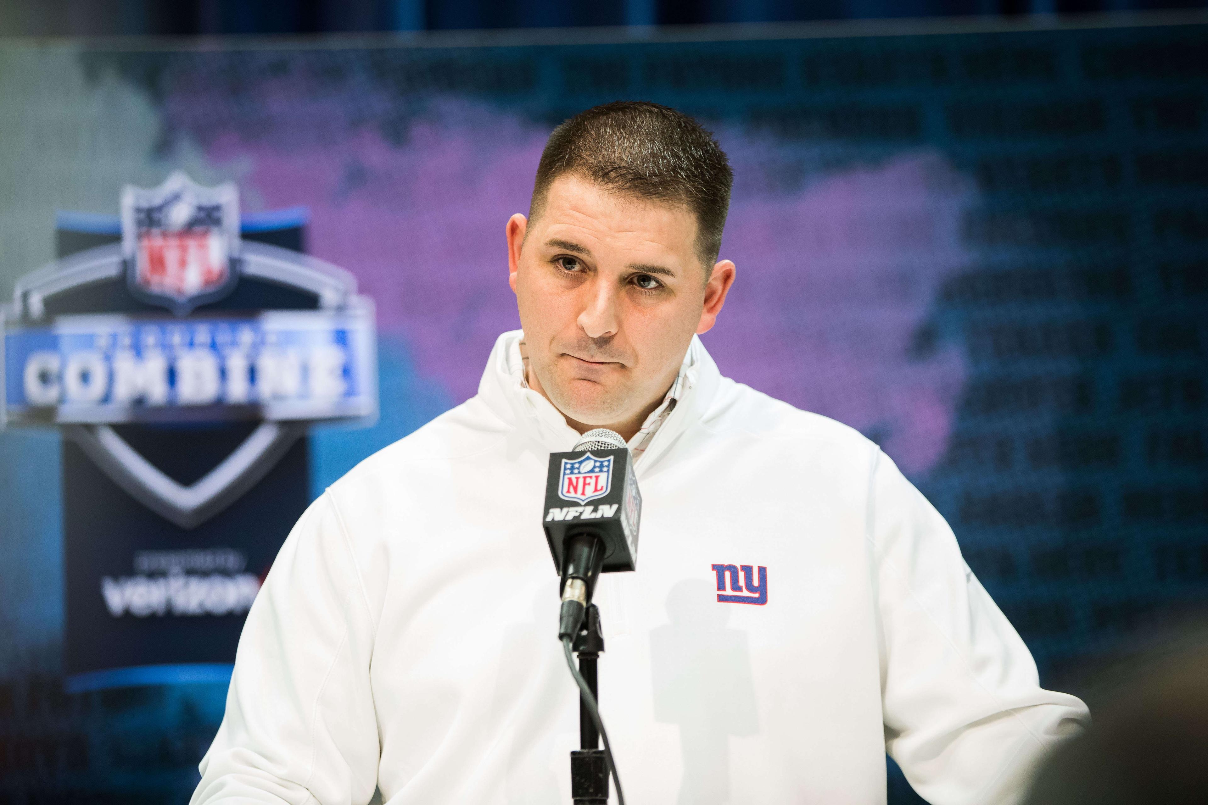 Feb 25, 2020; Indianapolis, Indiana, USA; New York Giants head coach Joe Judge speaks to the media during the 2020 NFL Combine in the Indianapolis Convention Center. Mandatory Credit: Trevor Ruszkowski-USA TODAY Sports / Trevor Ruszkowski