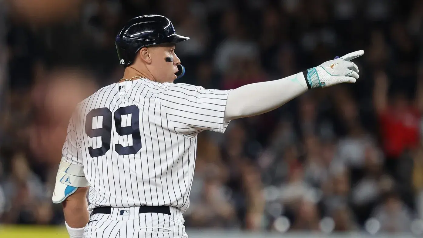 Sep 22, 2023; Bronx, New York, USA; New York Yankees right fielder Aaron Judge (99) reacts after hitting a double during the first inning against the Arizona Diamondbacks at Yankee Stadium. / Vincent Carchietta-USA TODAY Sports