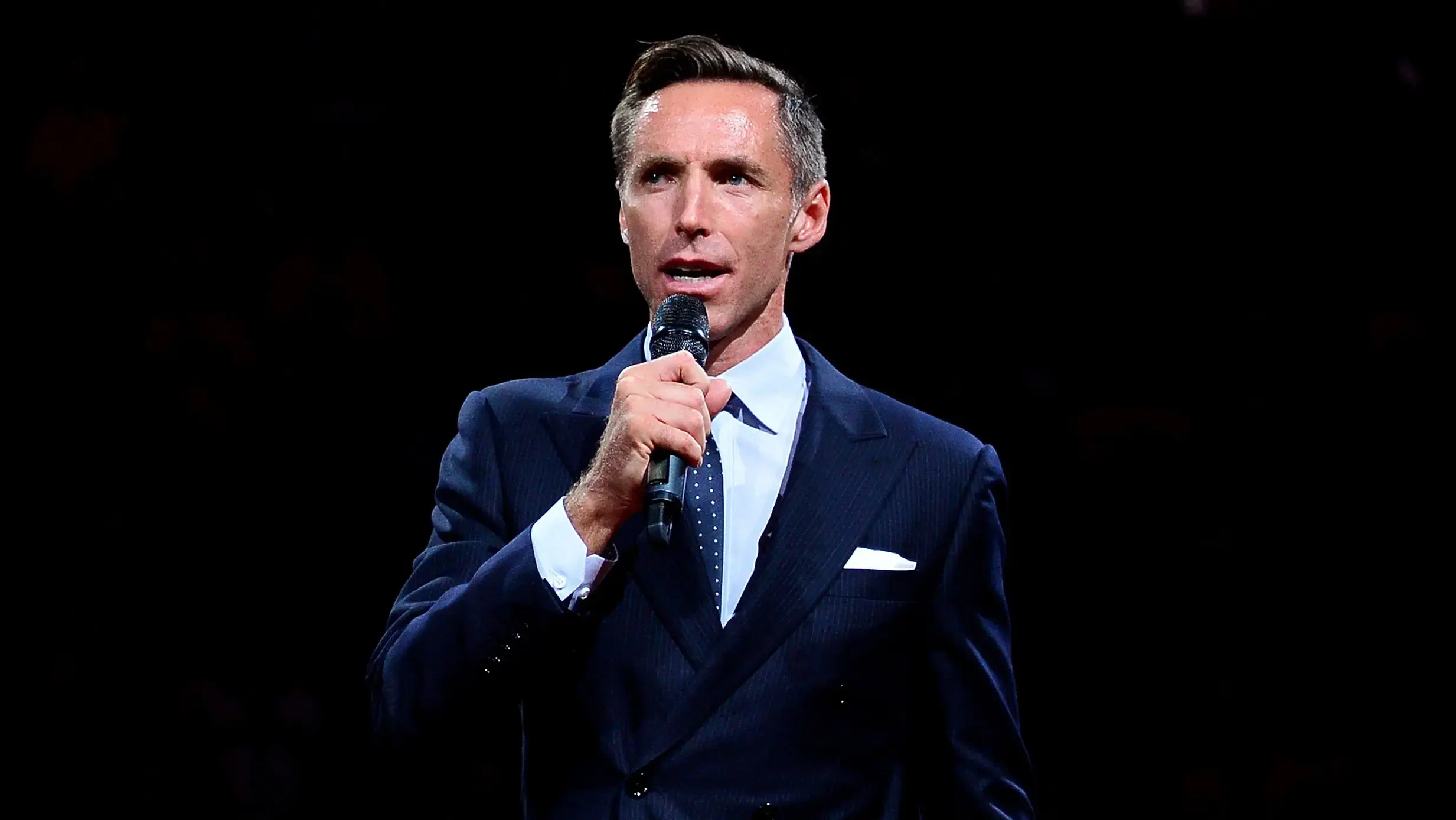 Oct 30, 2015; Phoenix, AZ, USA; Two-time NBA Most Valuable Player Steve Nash during his induction into the Suns Ring of Honor speech during half time at Talking Stick Resort Arena. / Jennifer Stewart/USA TODAY Sports