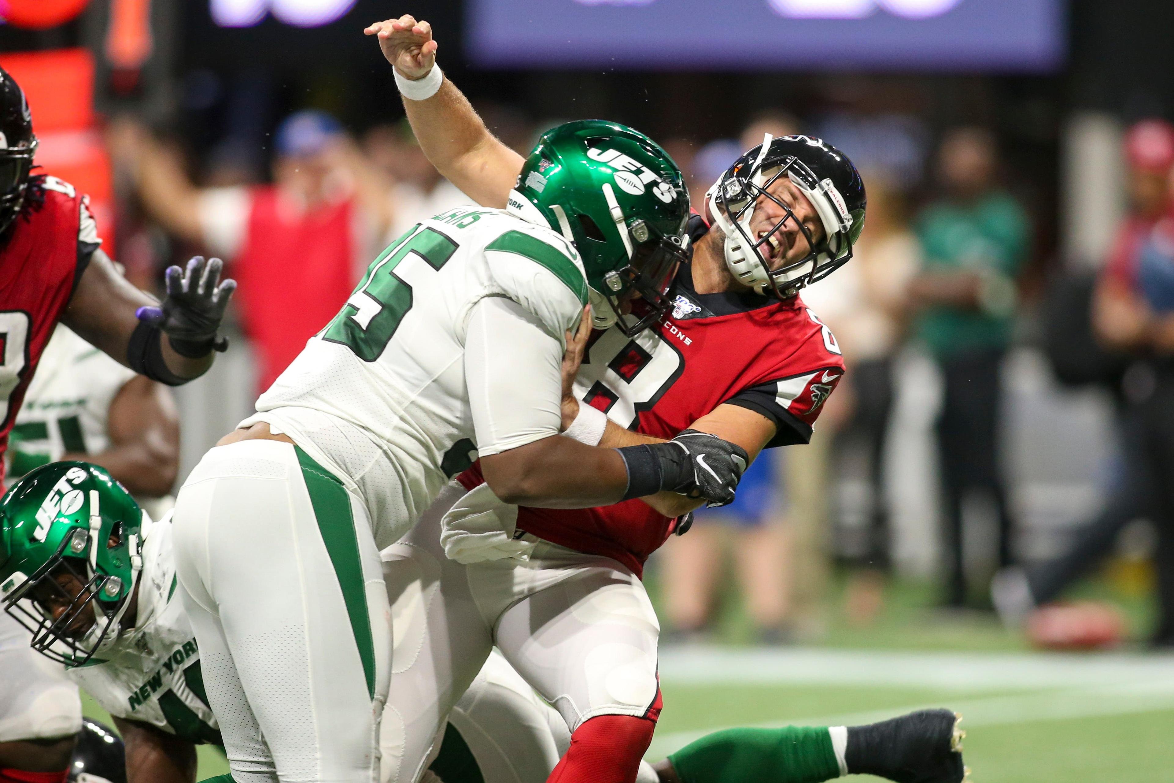 Aug 15, 2019; Atlanta, GA, USA; New York Jets defensive tackle Quinnen Williams (95) hits Atlanta Falcons quarterback Matt Schaub (8) in the second quarter at Mercedes-Benz Stadium. Mandatory Credit: Brett Davis-USA TODAY Sports / Brett Davis