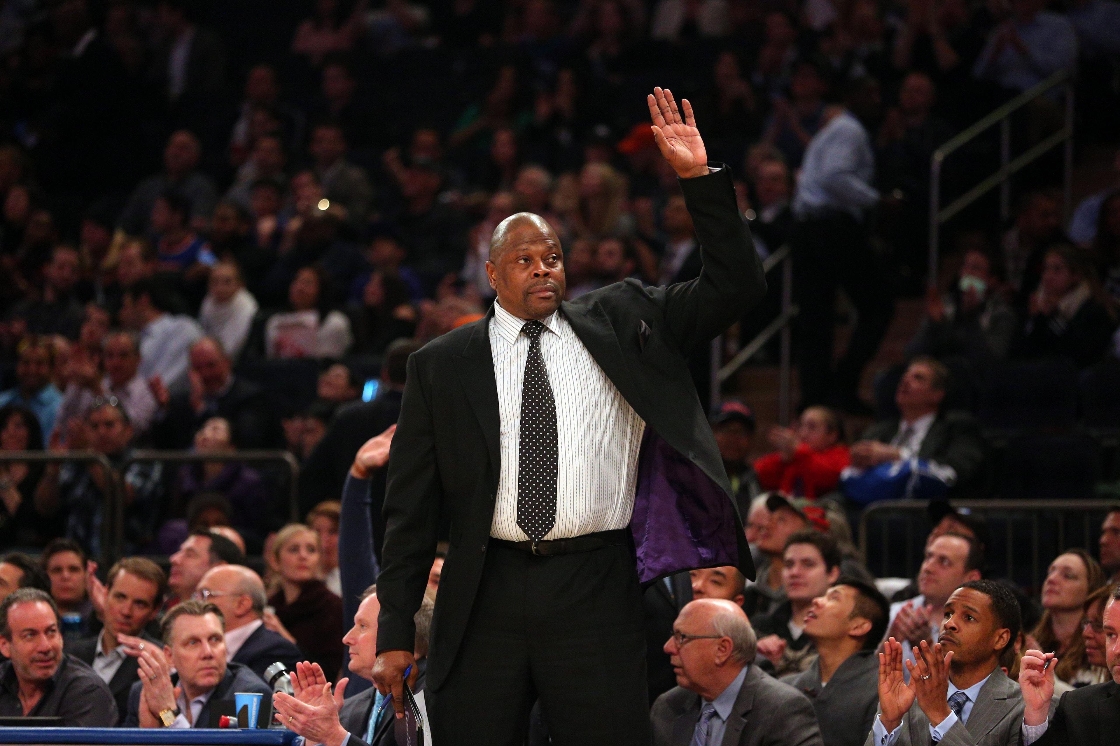 Apr 6, 2016; New York, NY, USA; Charlotte Hornets assistant head coach Patrick Ewing waves to the crowd during the first quarter against the New York Knicks at Madison Square Garden. Mandatory Credit: Brad Penner-USA TODAY Sports / Brad Penner