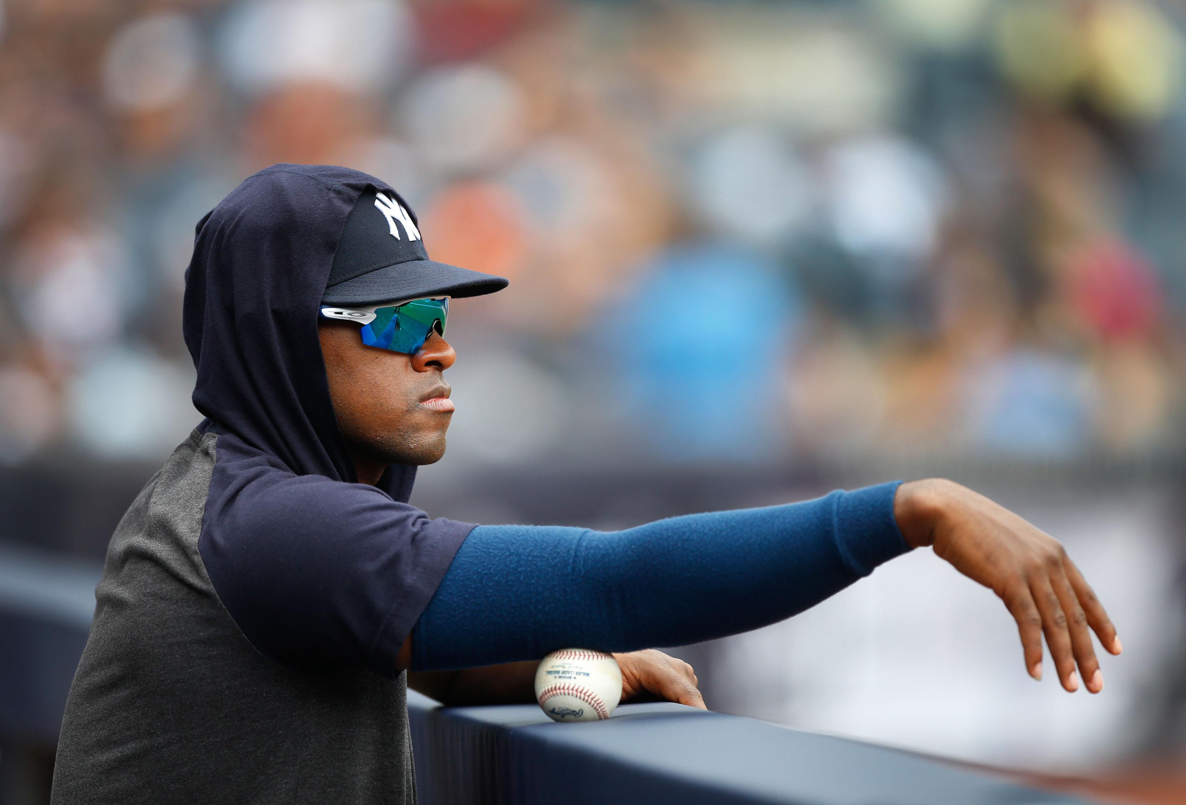 Aug 14, 2019; Bronx, NY, USA; New York Yankees pitcher Luis Severino in the in the dugout during game against the Baltimore Orioles at Yankee Stadium. Mandatory Credit: Noah K. Murray-USA TODAY Sports / Noah K. Murray