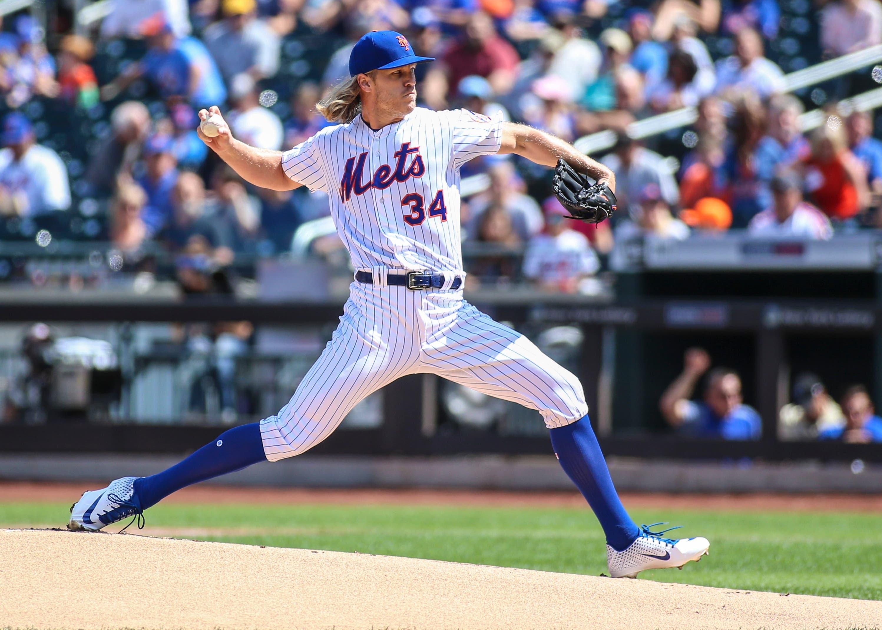 Sep 8, 2019; New York City, NY, USA; New York Mets pitcher Noah Syndergaard (34) pitches against the Philadelphia Phillies in the first inning at Citi Field. Mandatory Credit: Wendell Cruz-USA TODAY Sportsundefined