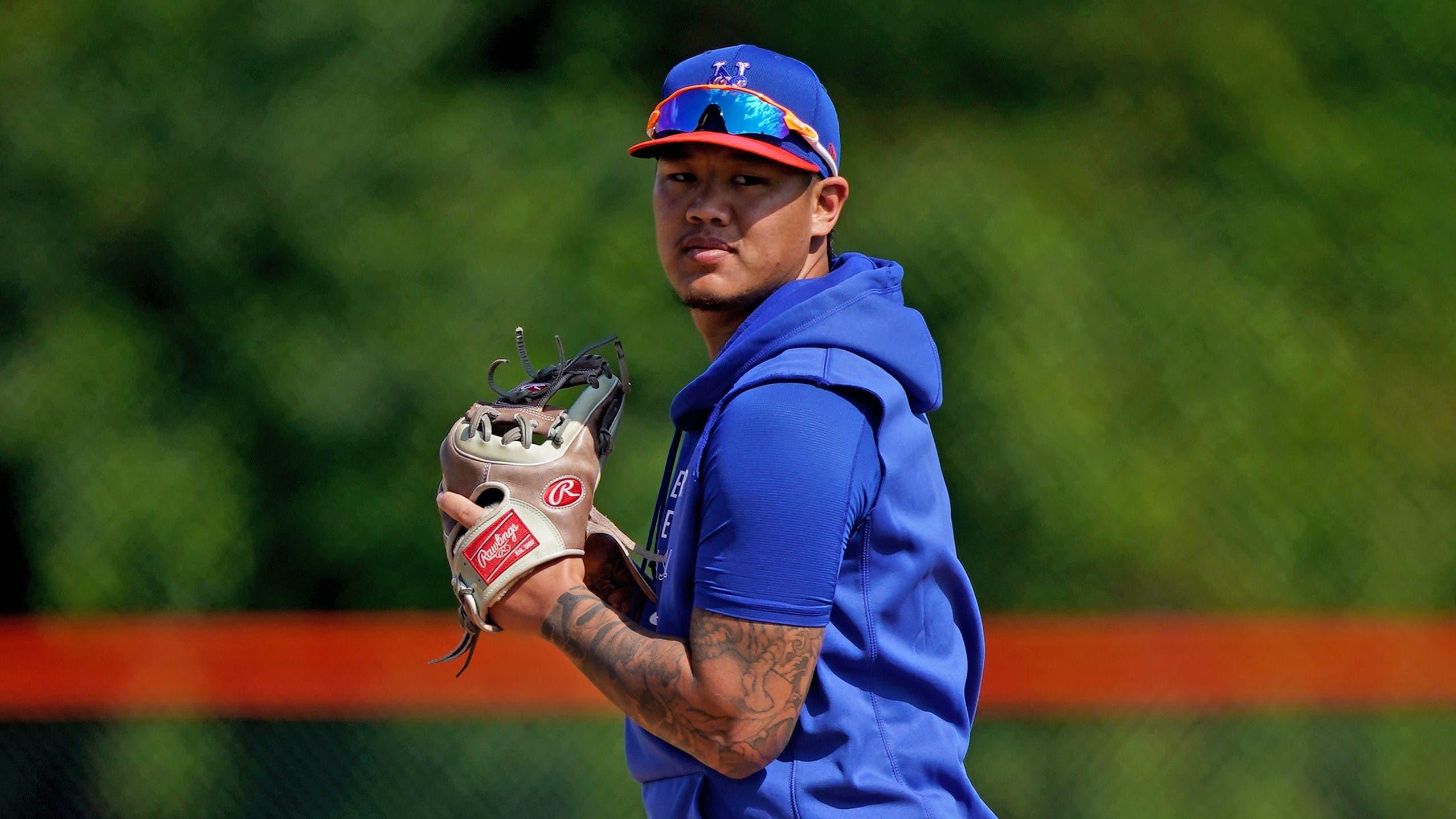 New York Mets pitcher Jordan Yamamoto (45) stands on the mound during spring training workouts at Clover Park. / Jasen Vinlove