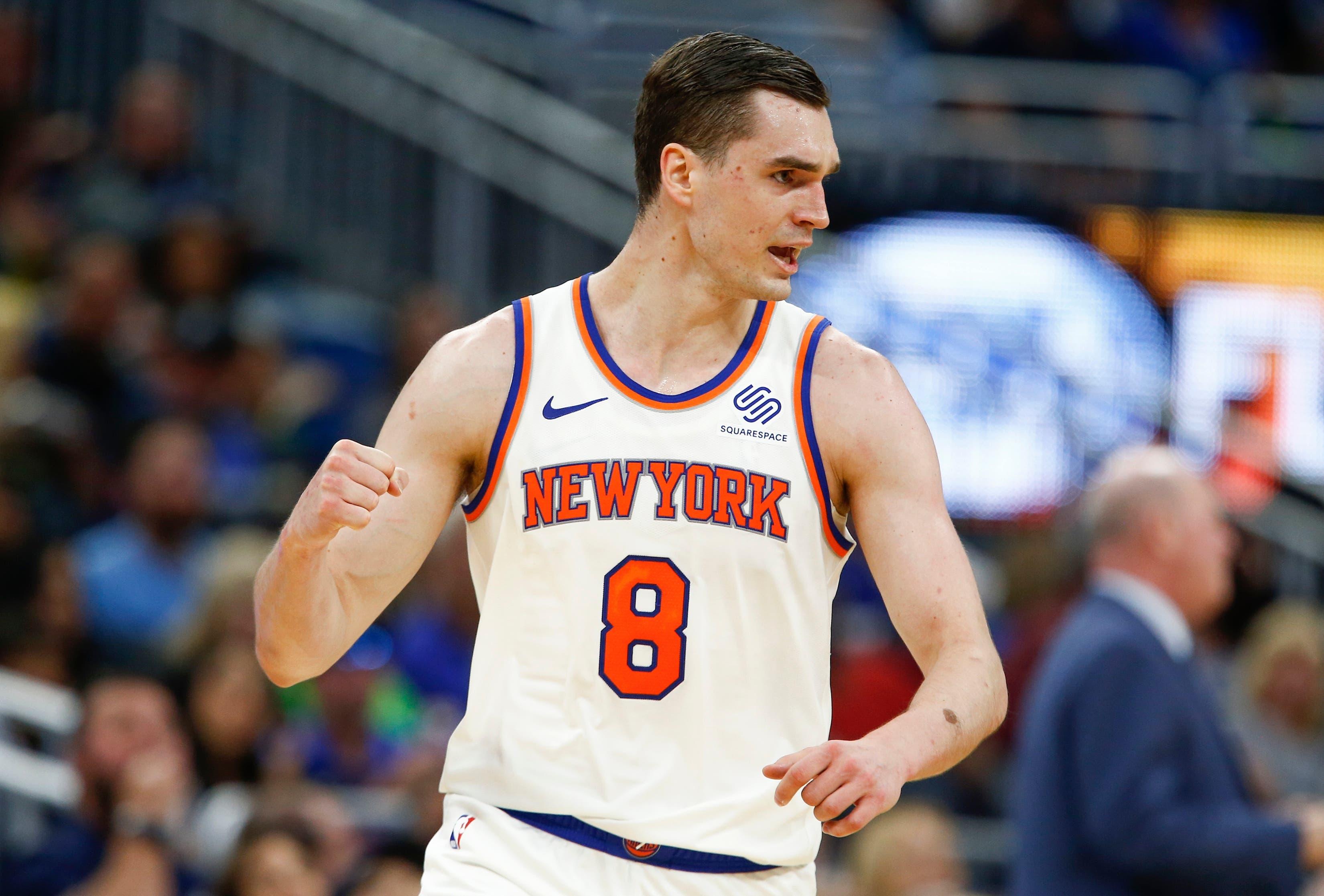 Apr 3, 2019; Orlando, FL, USA; New York Knicks forward Mario Hezonja (8) fist pumps after a three point basket against the Orlando Magic during the second half at Amway Center. Mandatory Credit: Reinhold Matay-USA TODAY Sports / Reinhold Matay