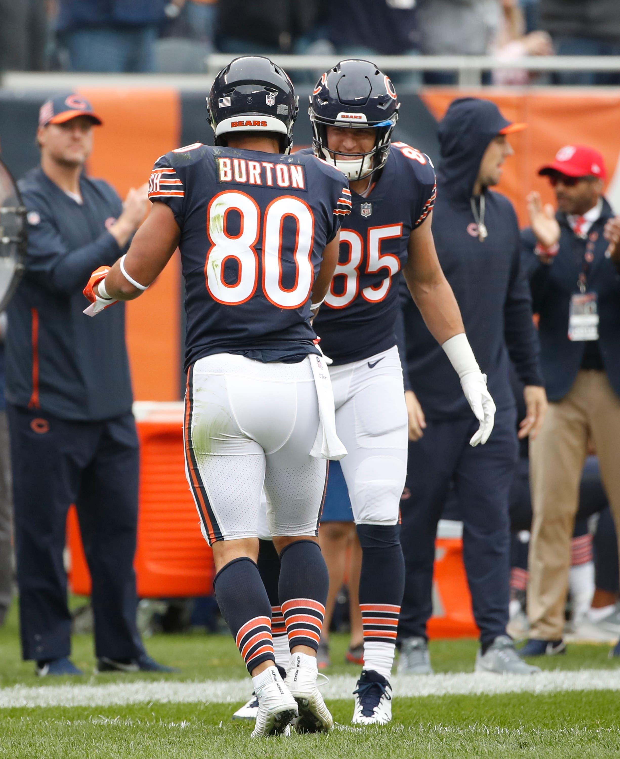 Chicago Bears tight end Trey Burton celebrates with tight end Daniel Brown after scoring a touchdown against the Tampa Bay Buccaneers during the first half at Soldier Field. / Kamil Krzaczynski/USA TODAY Sports