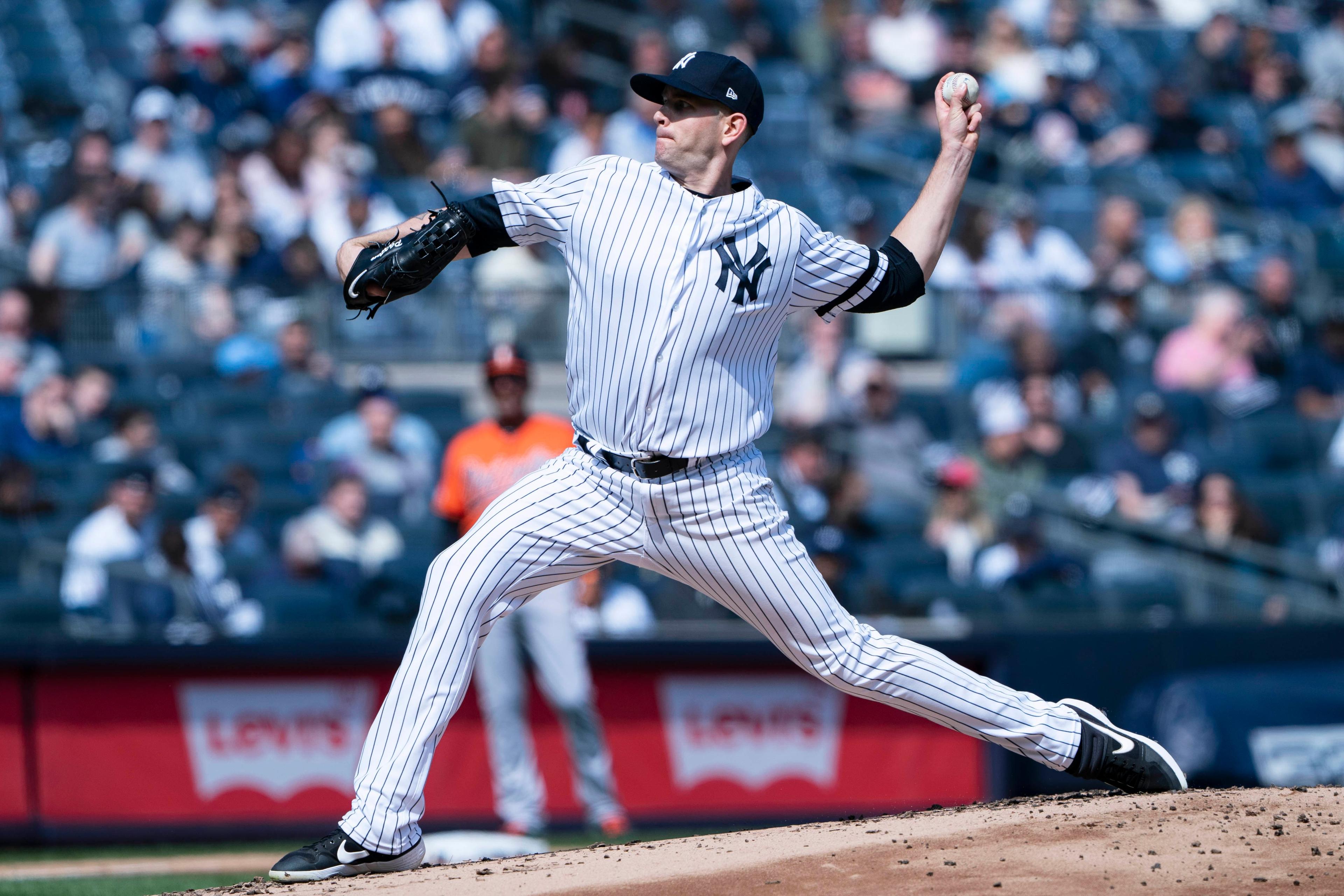 Mar 30, 2019; Bronx, NY, USA; New York Yankees Pitcher James Paxton (65) delivers a pitch against the Baltimore Orioles during the second inning at Yankee Stadium. Mandatory Credit: Gregory J. Fisher-USA TODAY Sports / Gregory Fisher