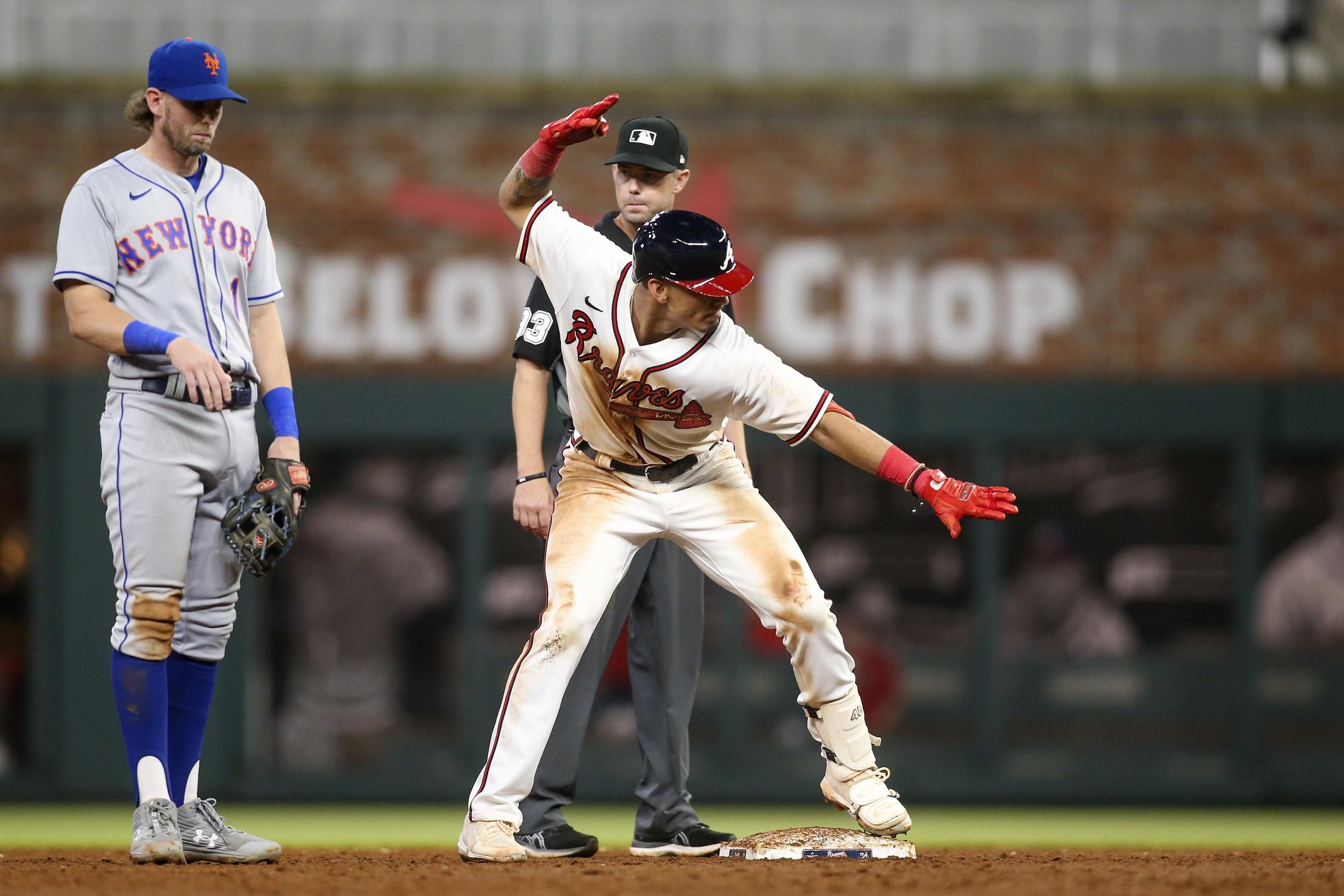 Atlanta Braves shortstop Vaughn Grissom (18) celebrates after a double against the New York Mets in the sixth inning at Truist Park.