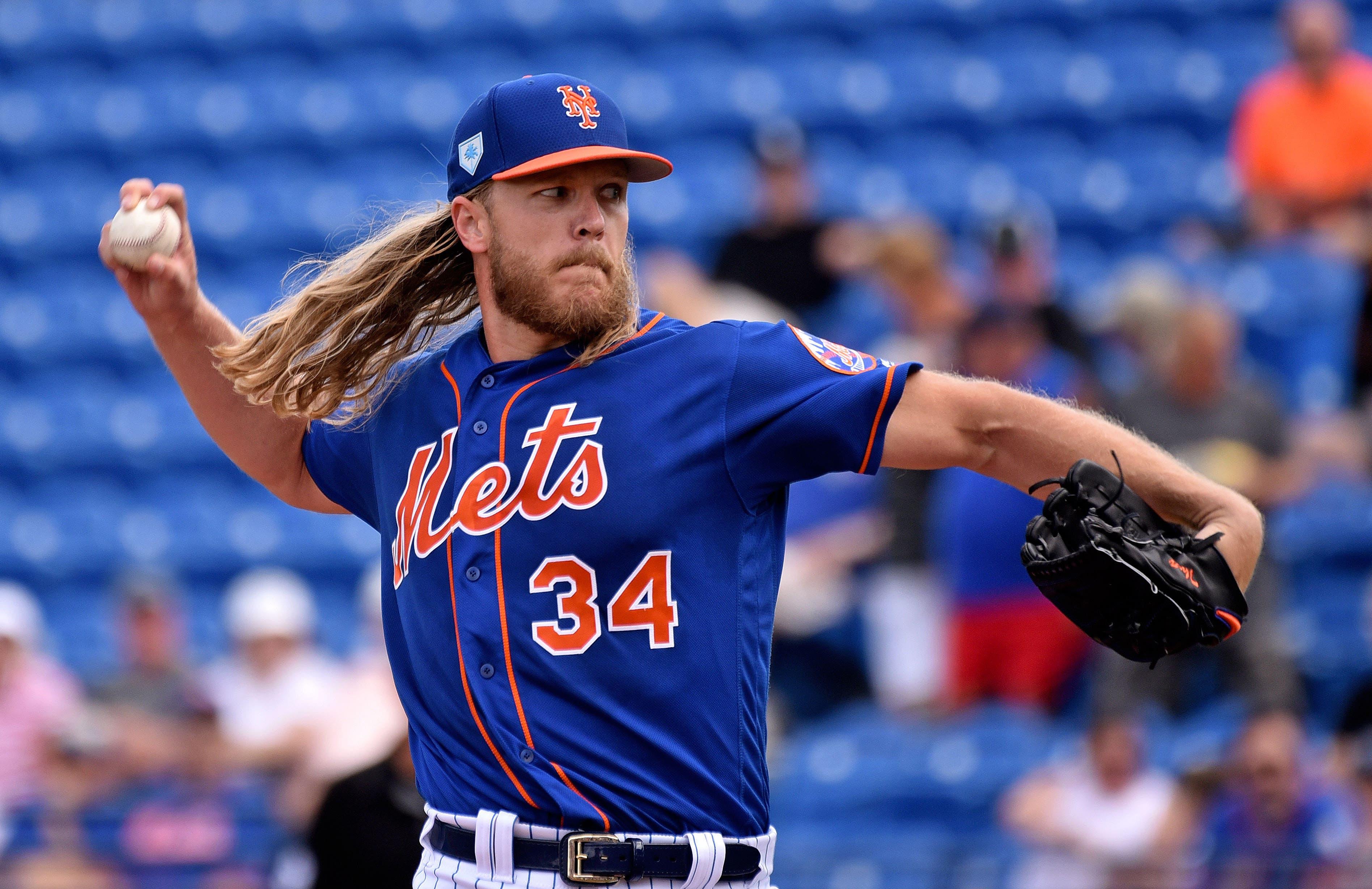 Mar 8, 2019; Port St. Lucie, FL, USA; New York Mets starting pitcher Noah Syndergaard (34) delivers a pitch against the Miami Marlins during a spring training game at First Data Field. Mandatory Credit: Steve Mitchell-USA TODAY Sports / Steve Mitchell