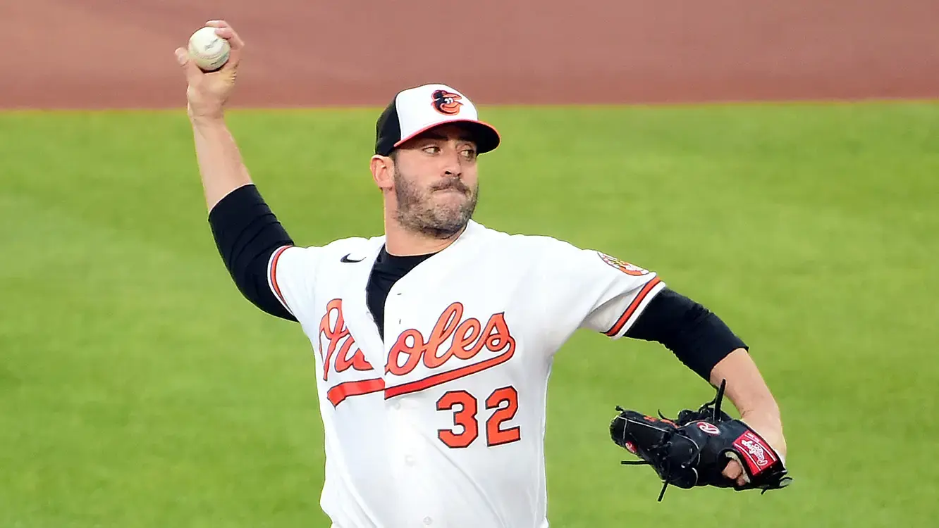 Apr 26, 2021; Baltimore, Maryland, USA; Baltimore Orioles pitcher Matt Harvey (32) throws a pitch during the first inning against the New York Yankees at Oriole Park at Camden Yards. / Evan Habeeb-USA TODAY Sports