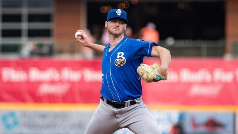 Biloxi Shuckers' TJ Shook (27) throws against the Mississippi Braves at Trustmark Park in Pearl, Miss., on the Brave's opening day, Tuesday, April 9, 2024. Braves won 2-0 after the game was called in the top of the eighth inning due to a tornado warning.