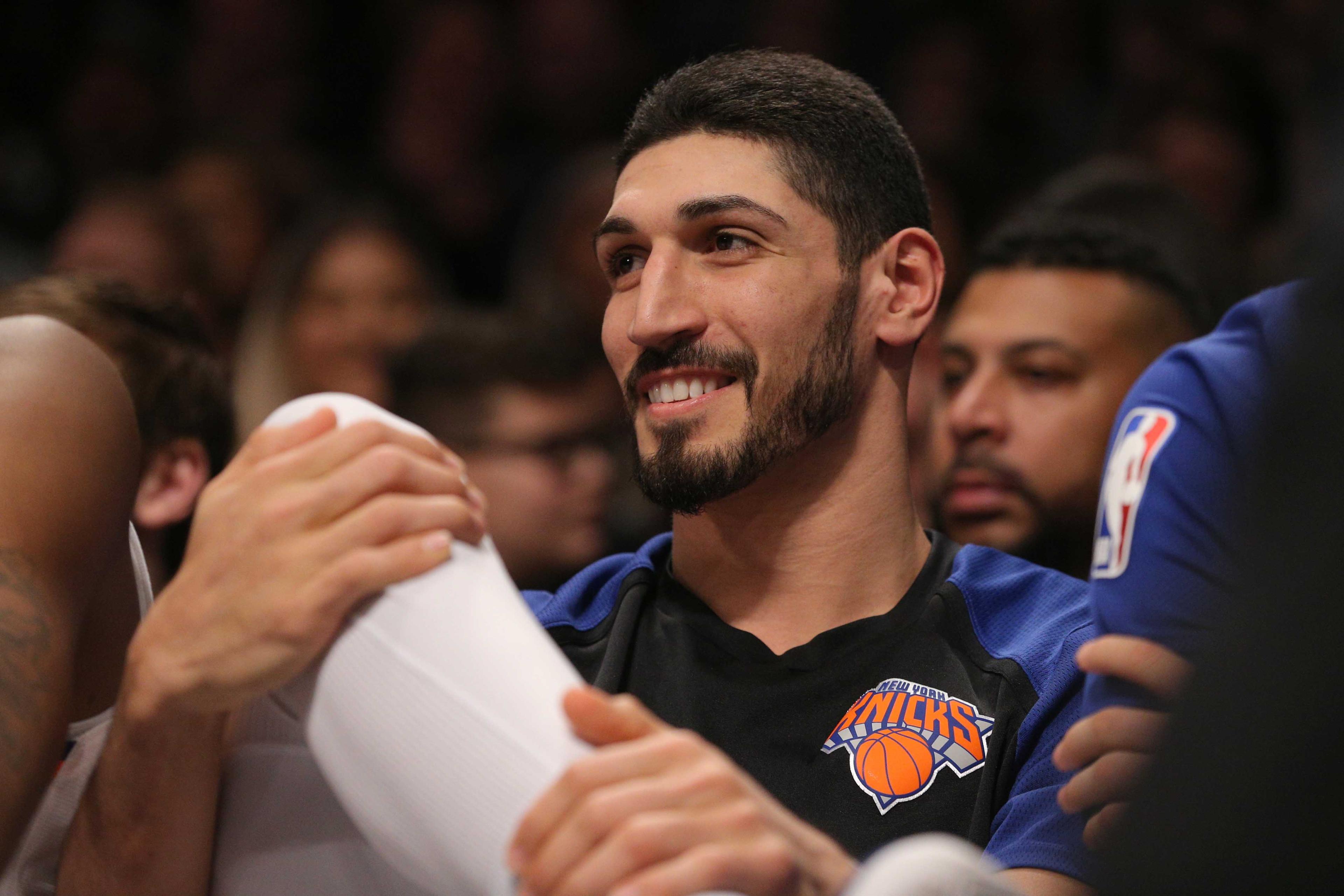 New York Knicks center Enes Kanter reacts as fans chant "we want Kanter" during the fourth quarter against the Brooklyn Nets at Barclays Center.