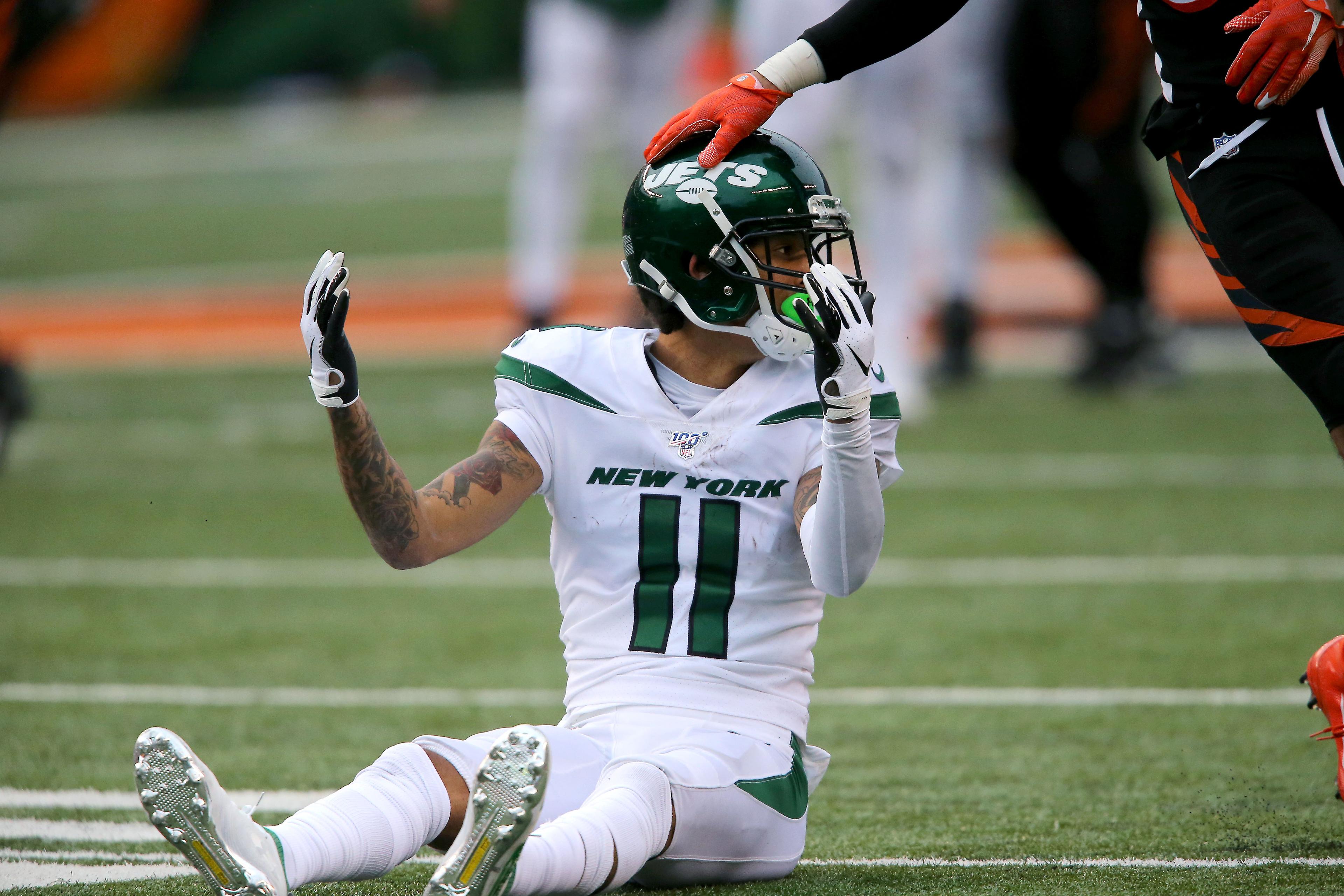 Dec 1, 2019; Cincinnati, OH, USA; New York Jets wide receiver Robby Anderson (11) reacts during the second half against the Cincinnati Bengals at Paul Brown Stadium. Mandatory Credit: Joe Maiorana-USA TODAY Sports