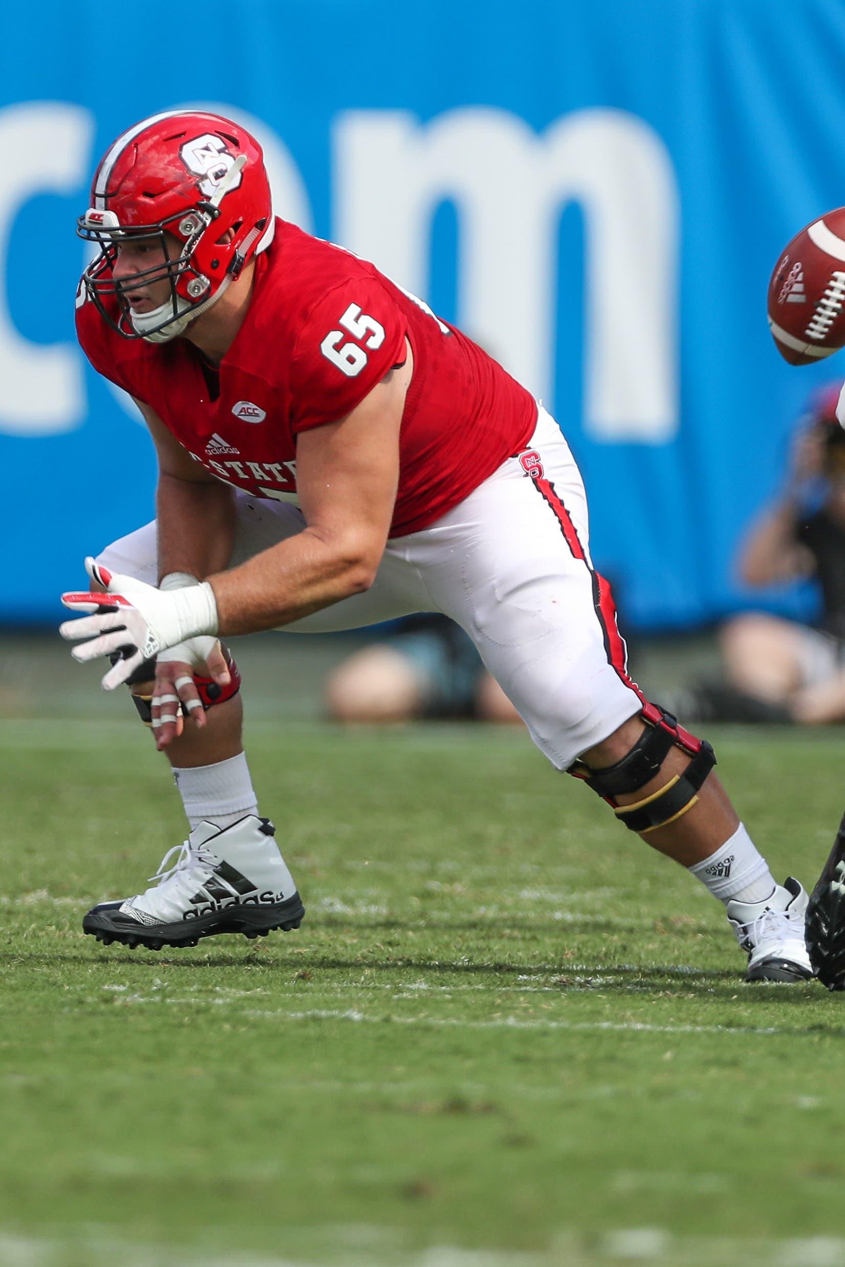 NC State Wolfpack guard Garrett Bradbury against the South Carolina Gamecocks during the college football opener at Bank of America Stadium. / Jim Dedmon/USA TODAY Sports