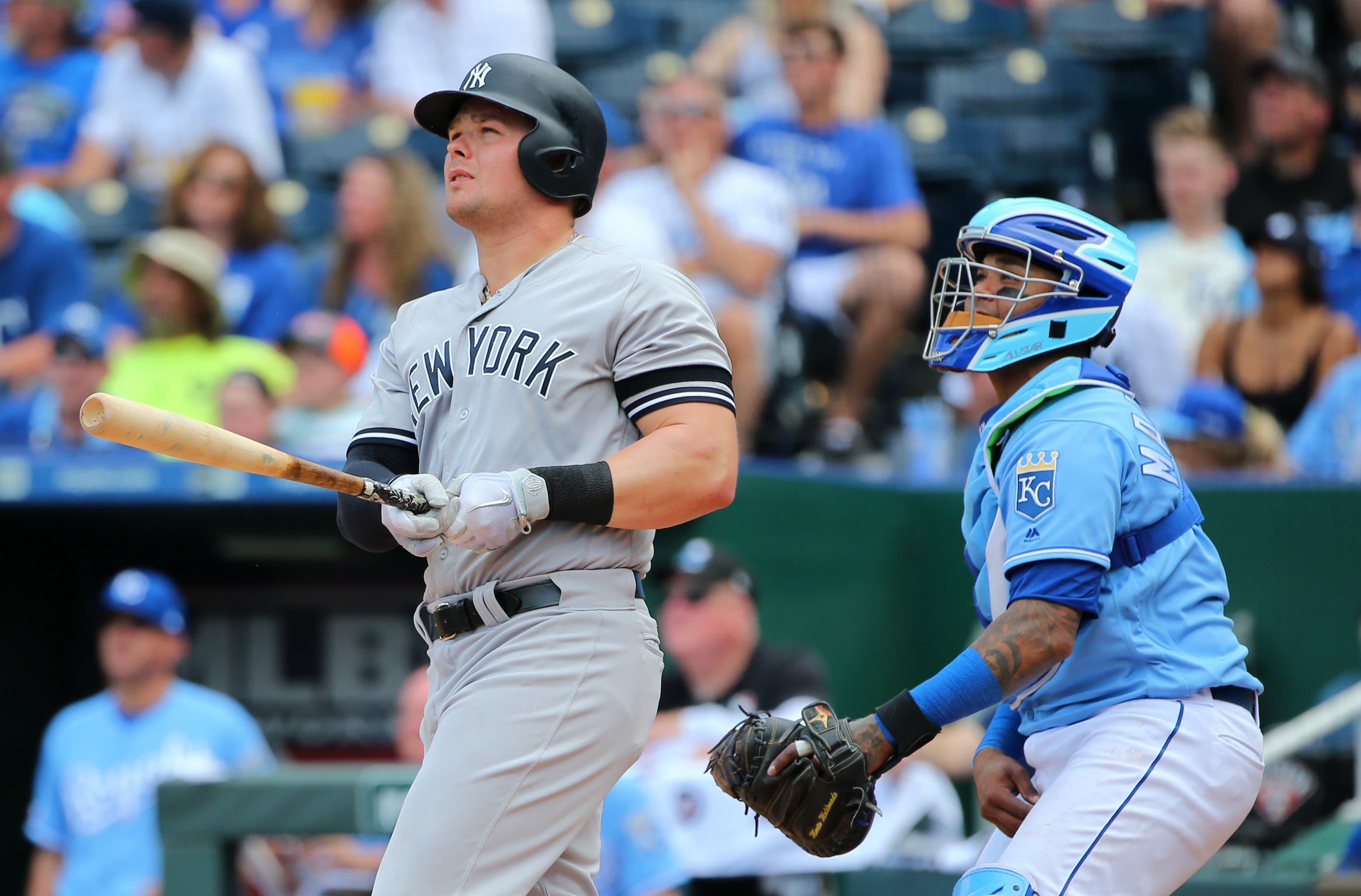 May 25, 2019; Kansas City, MO, USA; New York Yankees first baseman Luke Voit (45) hits a home run against the Kansas City Royals during the sixth inning in the first game of a double header at Kauffman Stadium. Mandatory Credit: Jay Biggerstaff-USA TODAY Sports / Jay Biggerstaff