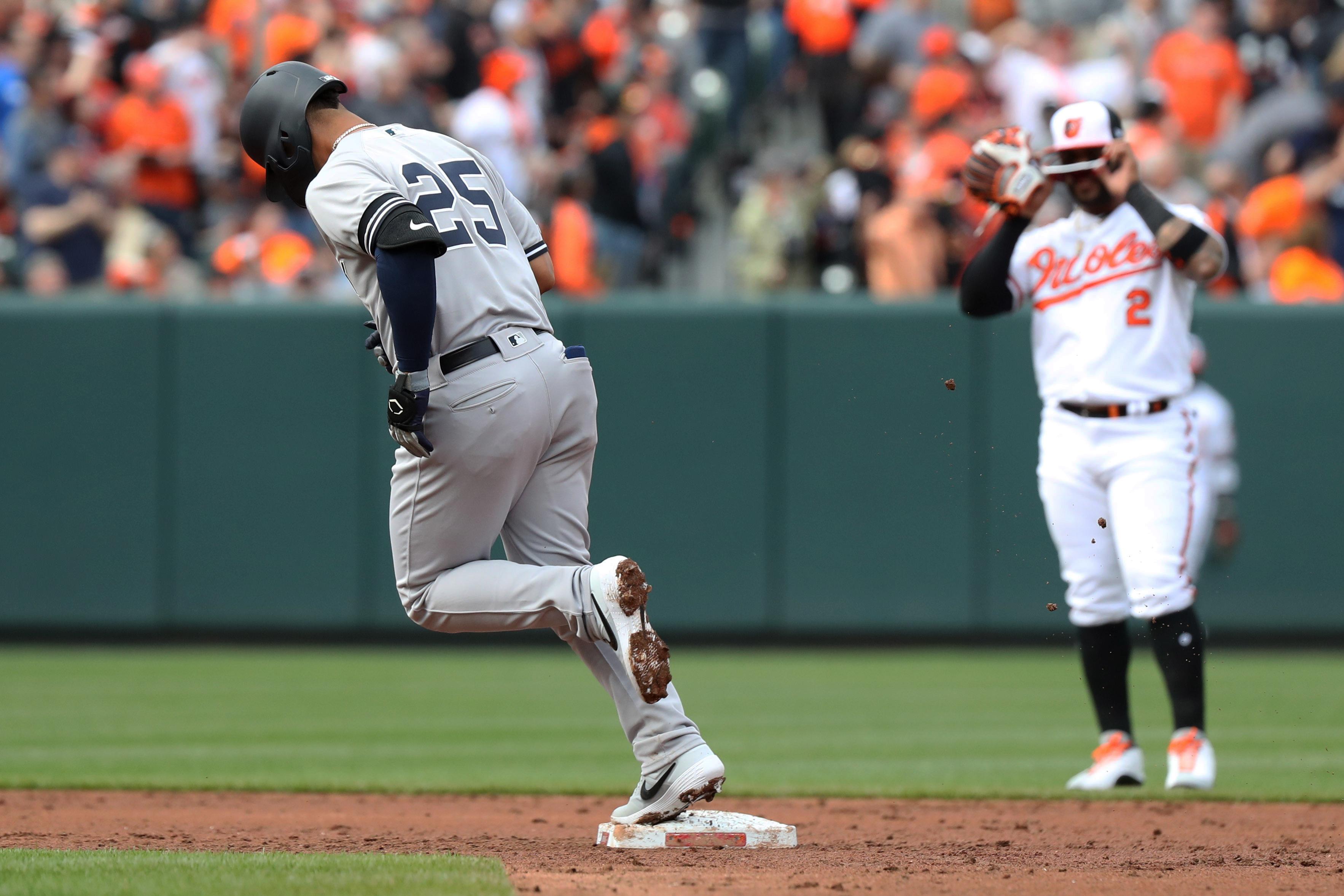 New York Yankees shortstop Gleyber Torres rounds the bases after hitting a solo home run against the Baltimore Orioles at Oriole Park at Camden Yards.