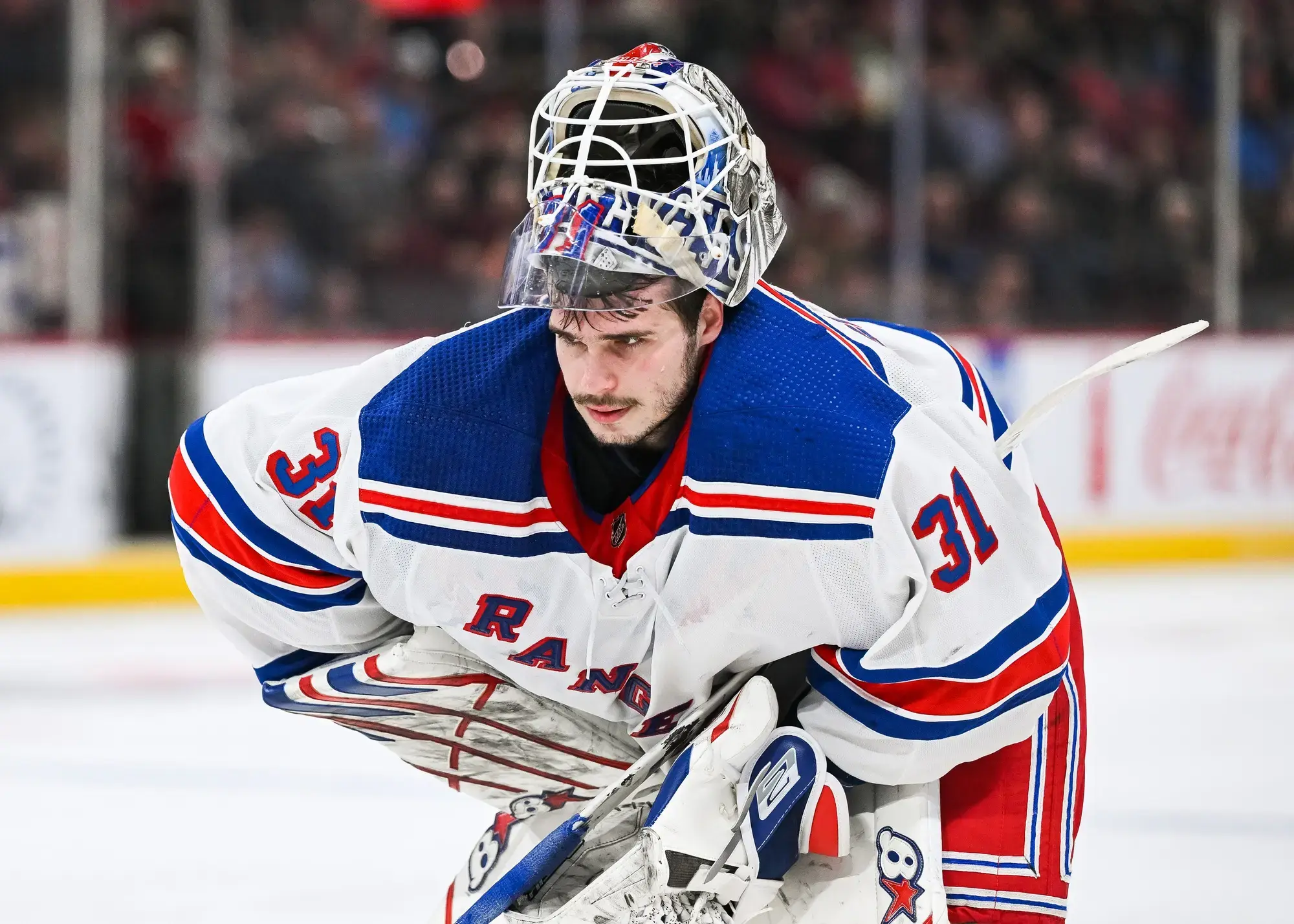 New York Rangers goalie Igor Shesterkin (31) skates back to his net with his helmet up against the Montreal Canadiens during the second period at Bell Centre. / David Kirouac-USA TODAY Sports