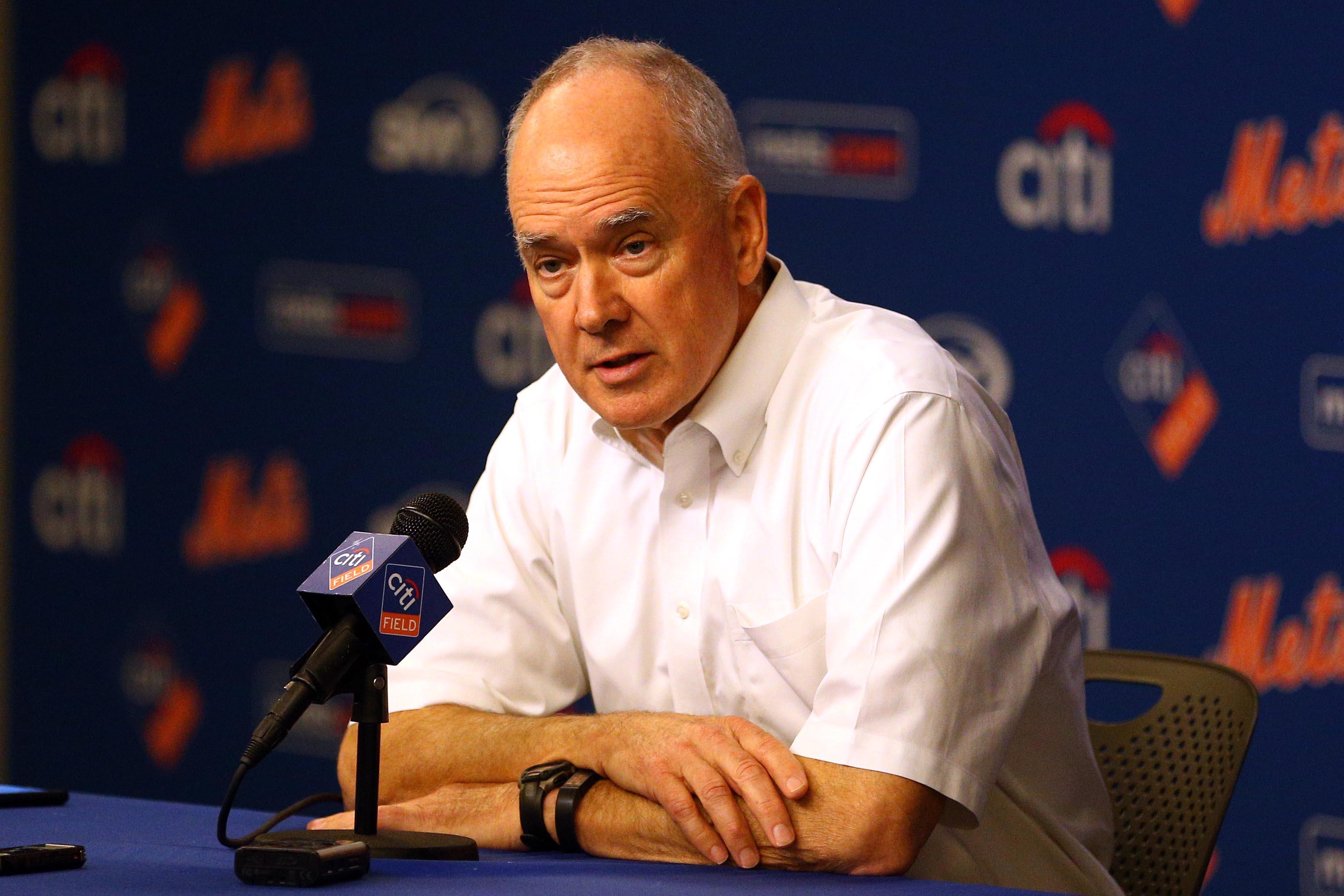 Sandy Alderson speaks to reporters. Credit: Brad Penner-USA TODAY Sports