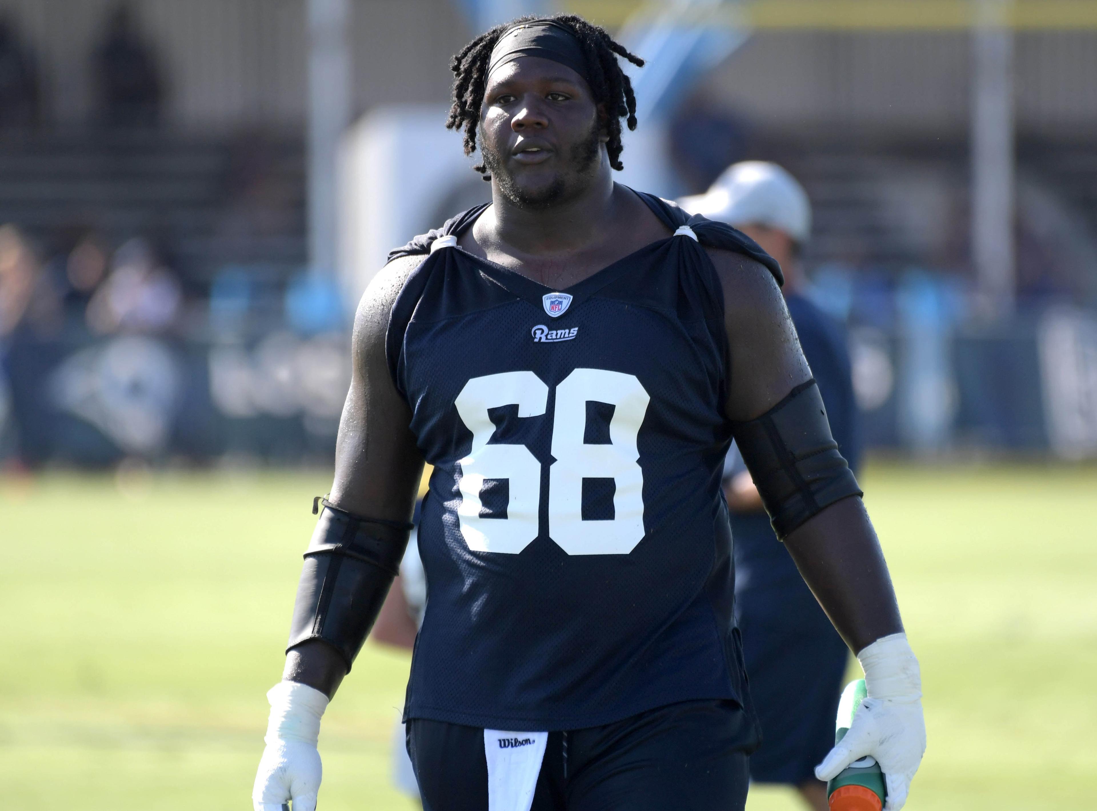 Jul 27, 2018; Irvine, CA, USA; Los Angeles Rams guard Jamon Brown (68) during training camp at UC Irvine. Mandatory Credit: Kirby Lee-USA TODAY Sports / Kirby Lee