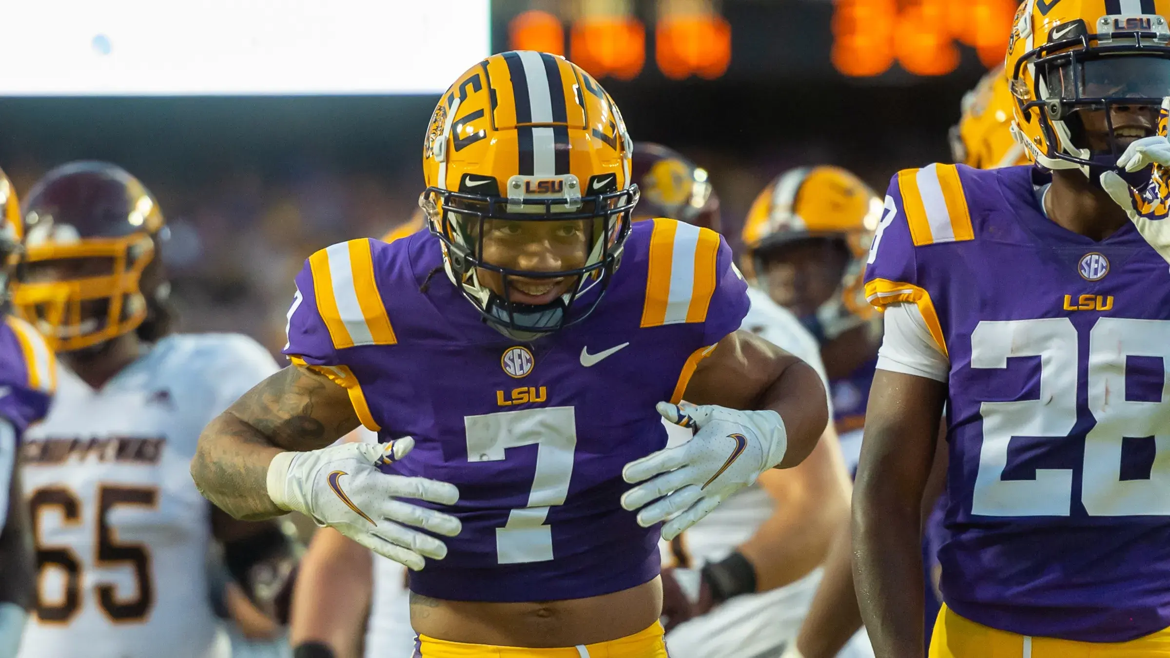 Sep 18, 2021; Baton Rouge, LA, USA; LSU Tigers cornerback Derek Stingley Jr. (7) reacts after making a tackle against the Central Michigan Chippewas at Tiger Stadium. Mandatory Credit: Scott Clause/The Advertiser via USA TODAY NETWORK / © The Advertiser-USA TODAY NETWORK