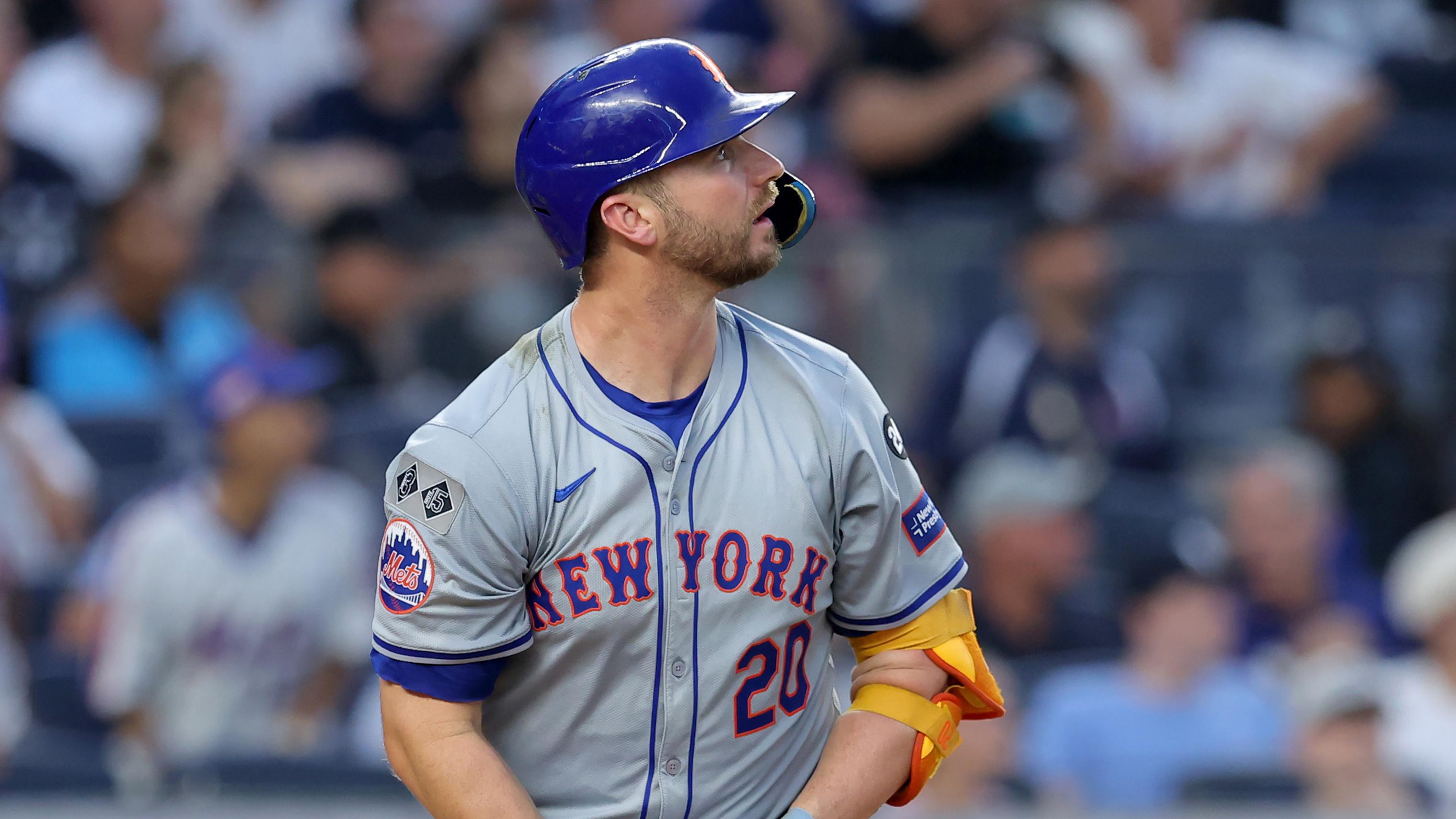 Jul 24, 2024; Bronx, New York, USA; New York Mets first baseman Pete Alonso (20) watches his two run home run against the New York Yankees during the fourth inning at Yankee Stadium. 