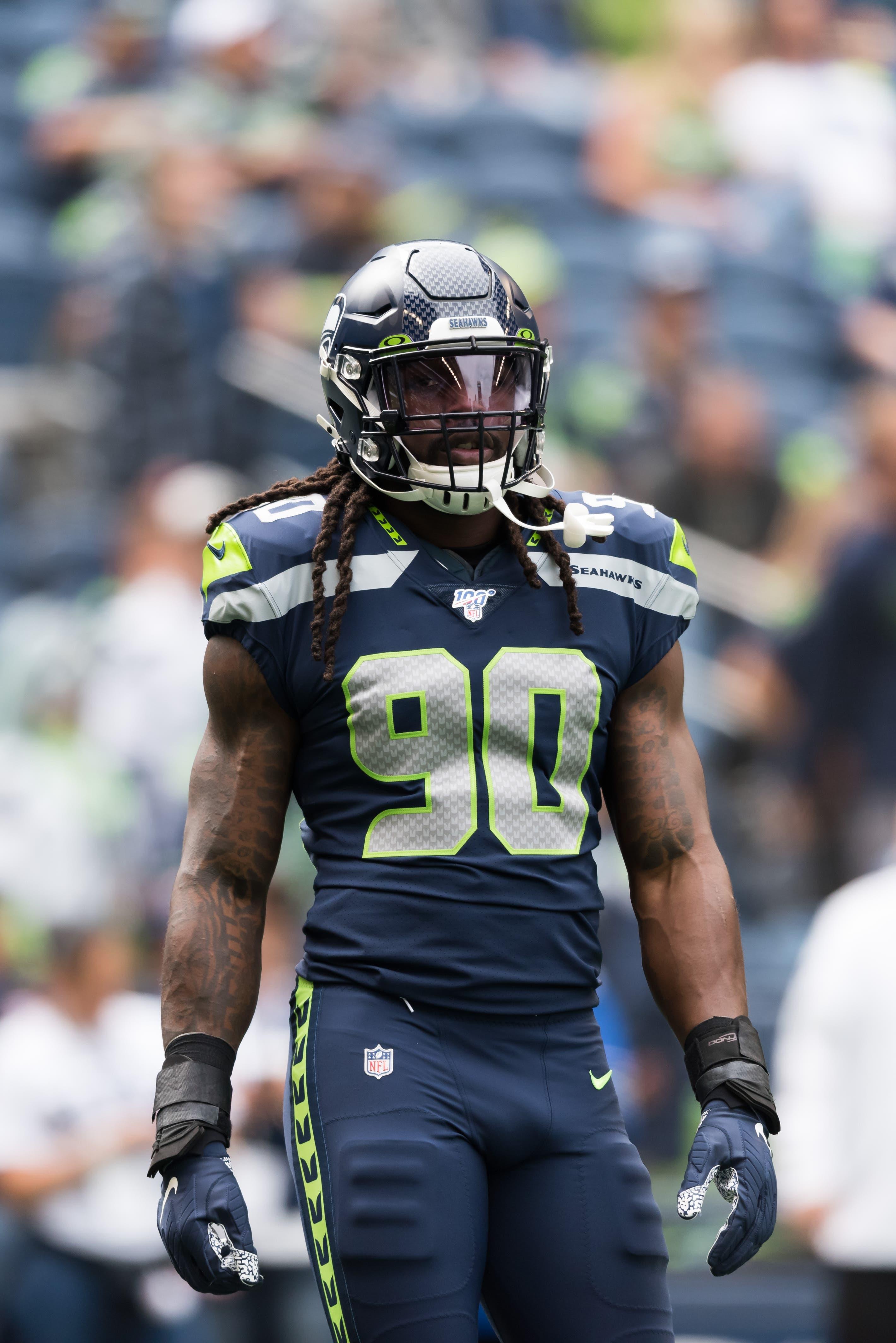 Sep 8, 2019; Seattle, WA, USA; Seattle Seahawks defensive end Jadeveon Clowney (90) prior to the game against the Cincinnati Bengals at CenturyLink Field. Mandatory Credit: Steven Bisig-USA TODAY Sports / Steven Bisig