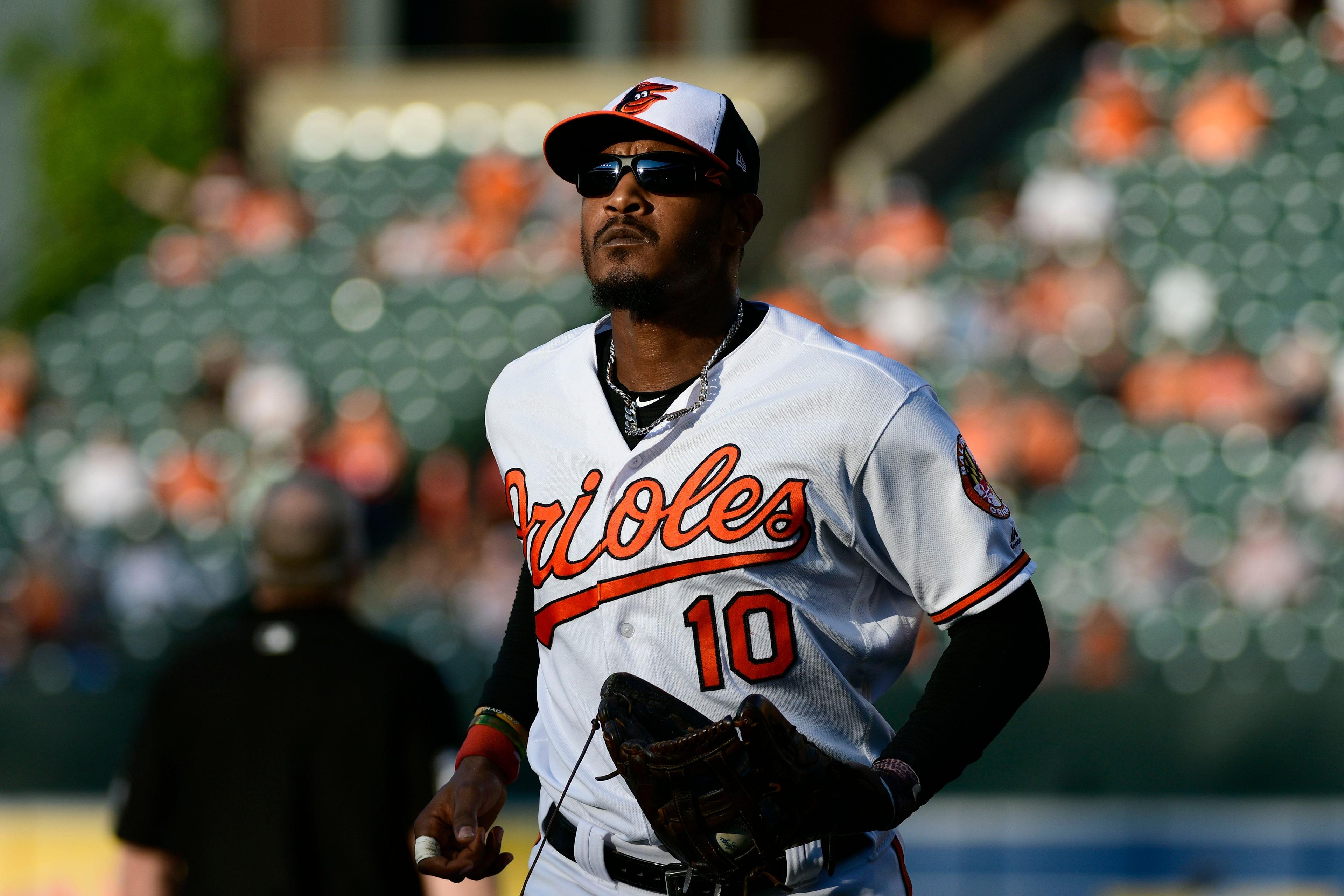 Sep 30, 2018; Baltimore, MD, USA; Baltimore Orioles right fielder Adam Jones (10) runs off the field during the eighth inning against the Houston Astros at Oriole Park at Camden Yards. Mandatory Credit: Tommy Gilligan-USA TODAY Sports / Tommy Gilligan