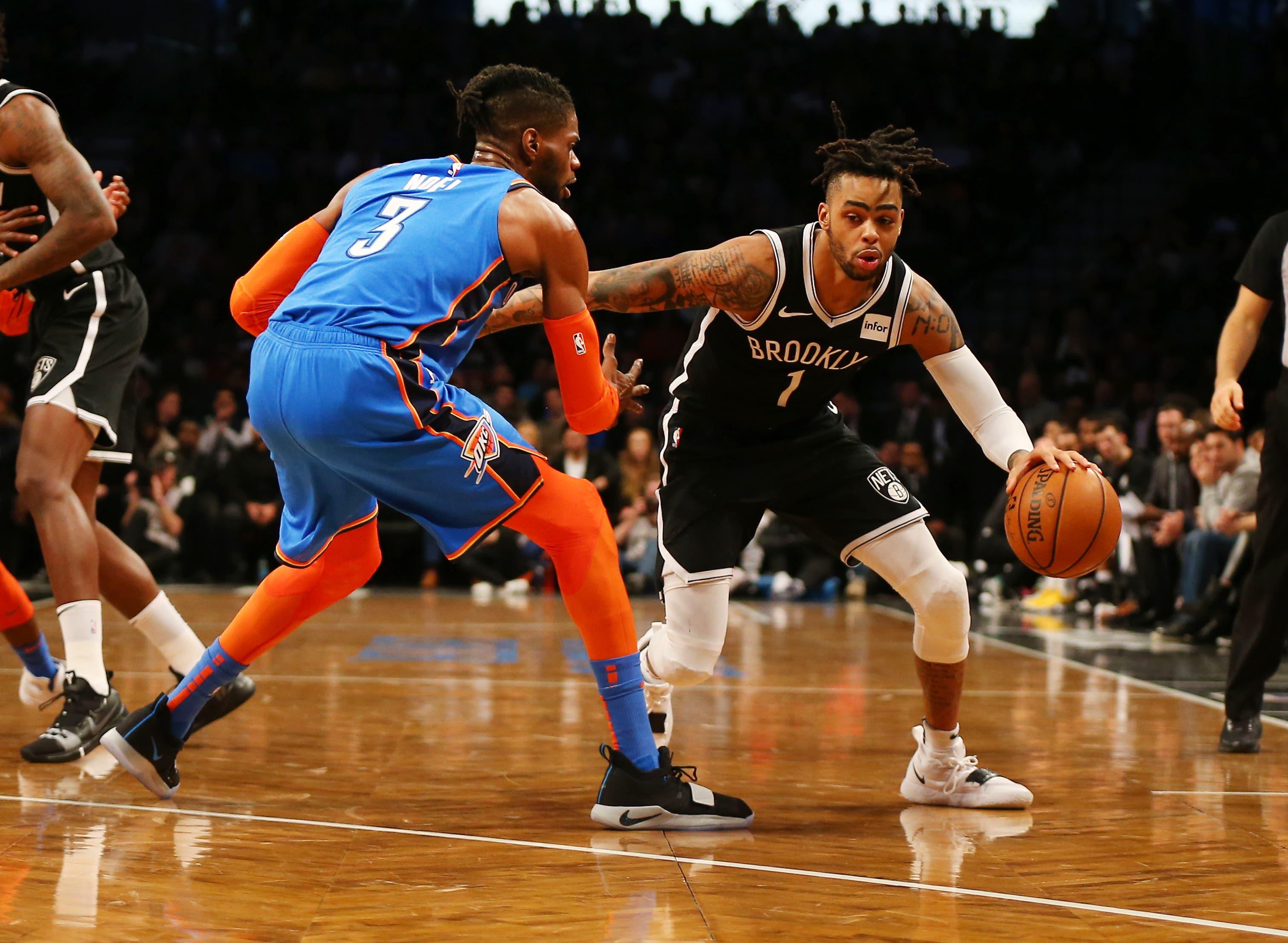 Dec 5, 2018; Brooklyn, NY, USA; Brooklyn Nets guard D'Angelo Russell (1) dribbles the ball against Oklahoma City Thunder forward Nerlens Noel (3) during the second half at Barclays Center. Mandatory Credit: Andy Marlin-USA TODAY Sports / Andy Marlin