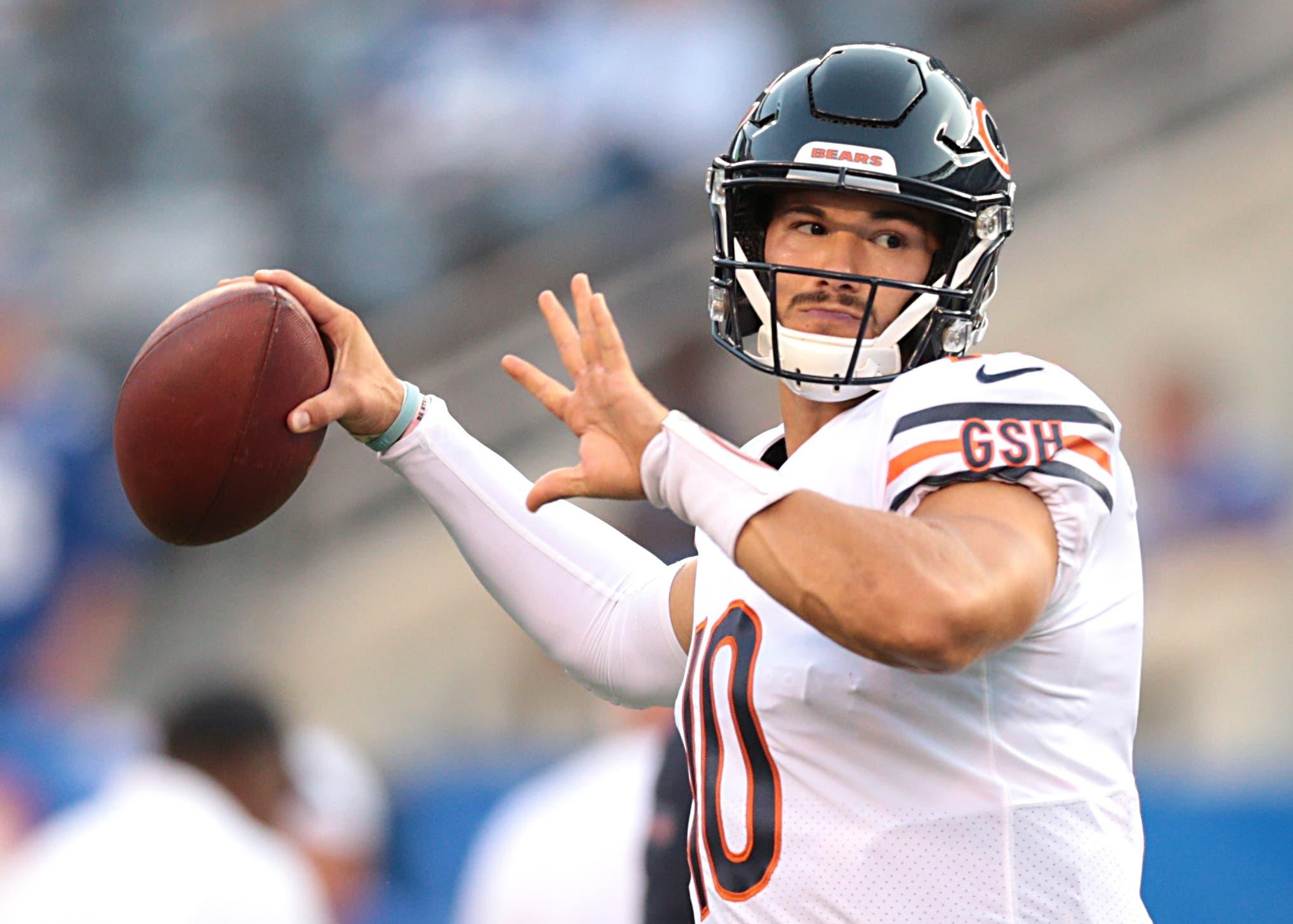 Aug 16, 2019; East Rutherford, NJ, USA; Chicago Bears quarterback Mitchell Trubisky (10) warms up before his game against the New York Giants at MetLife Stadium. Mandatory Credit: Vincent Carchietta-USA TODAY Sports / Vincent Carchietta