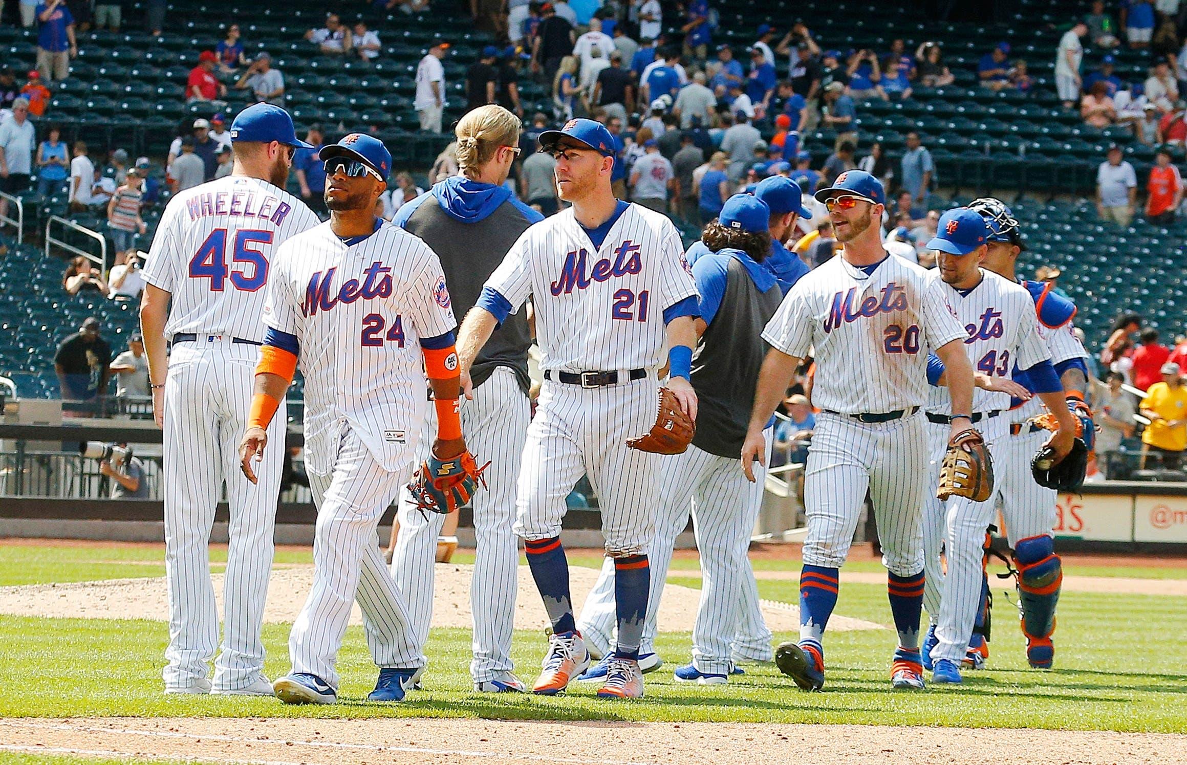 Jul 25, 2019; New York City, NY, USA; The New York Mets react after defeating the San Diego Padres at Citi Field. Mandatory Credit: Andy Marlin-USA TODAY Sports / Andy Marlin